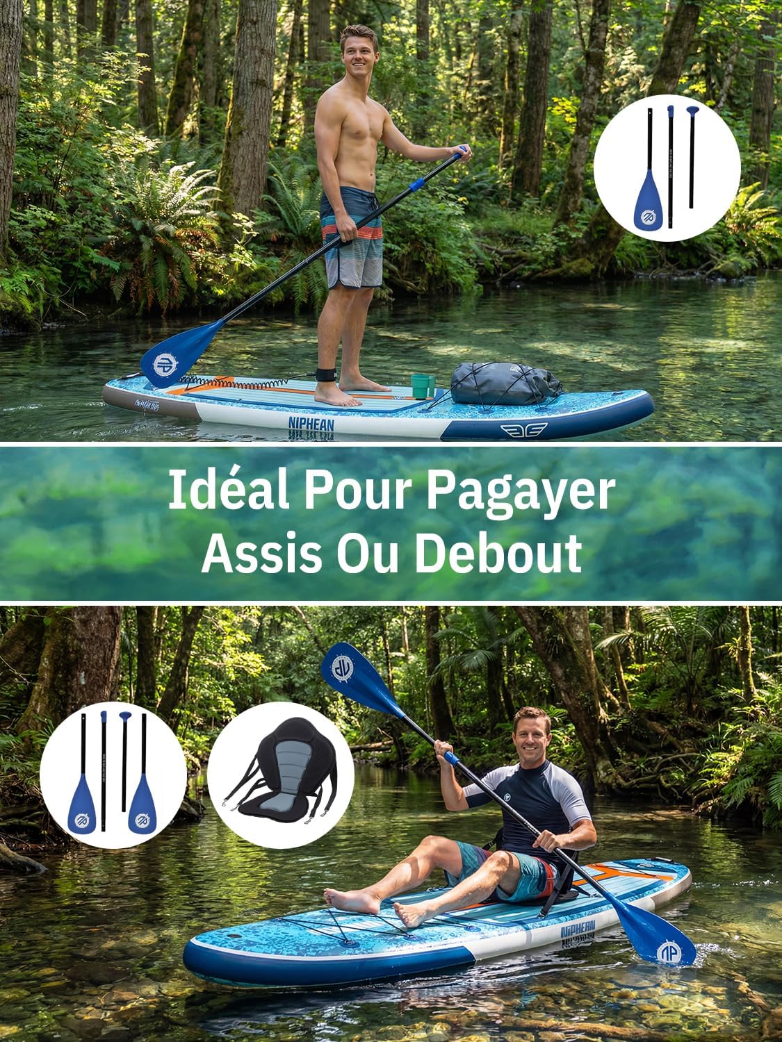 Niphean Extra Large Paddle Gonflable, Sup à 2+1 Personnes/Famille, Planches de Stand Up Paddle Gonflables avec (Idéal Débutant) Aileron Équilibré, Housse Étanche, Paddle Gonflable Adulte, Cadeaux
