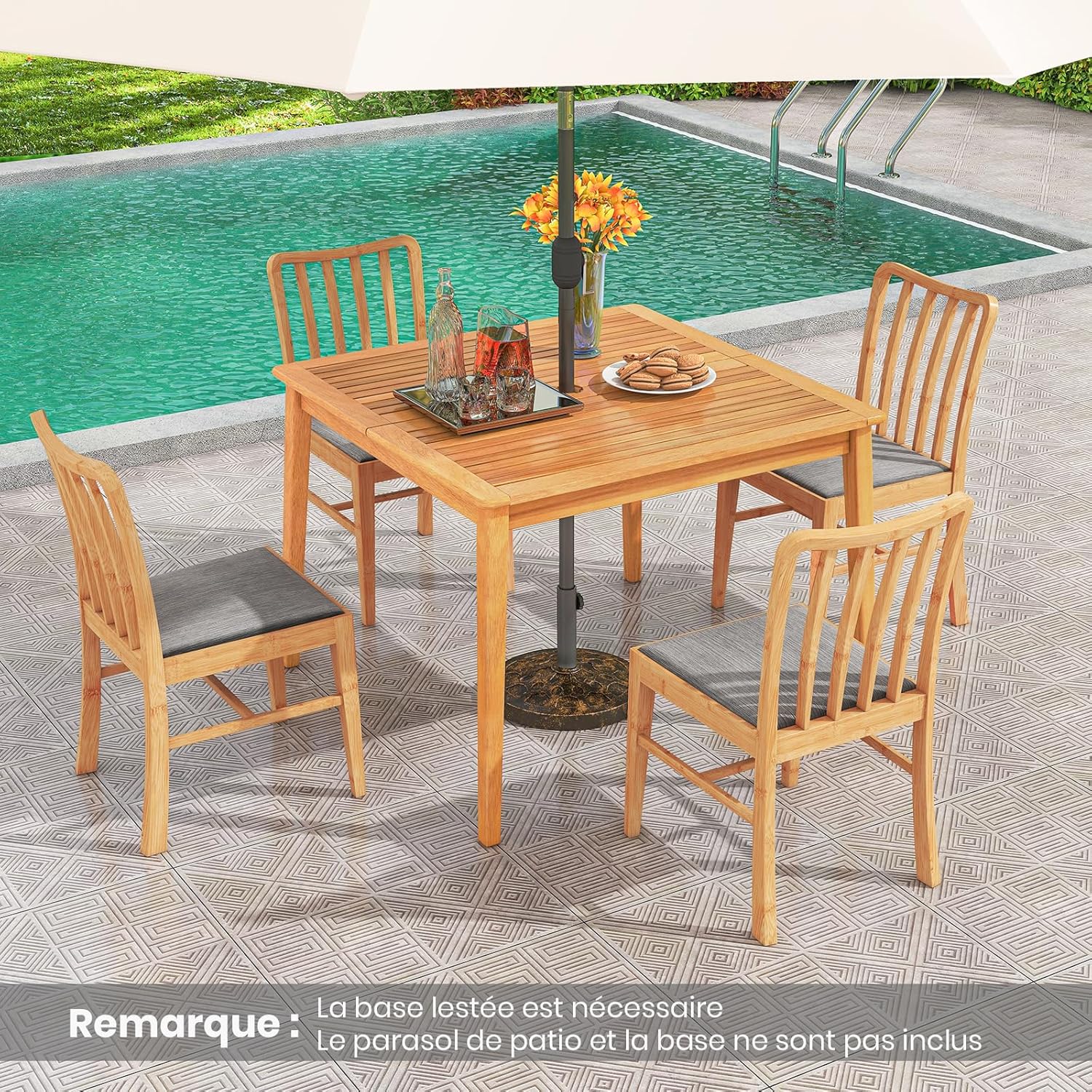 COSTWAY – Table de jardin carrée 100x100 cm – bois d’acacia, trou parasol