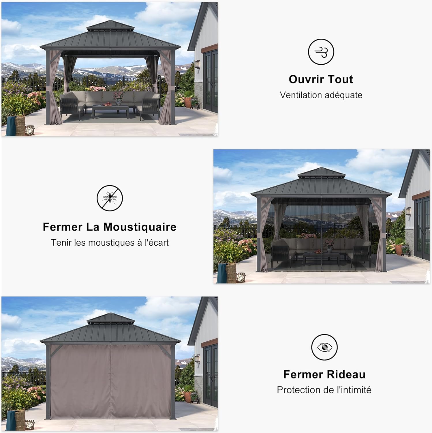 PURPLE LEAF - Pavillon jardin double toit alu 3,65x3,65m, rideaux, moustiquaire