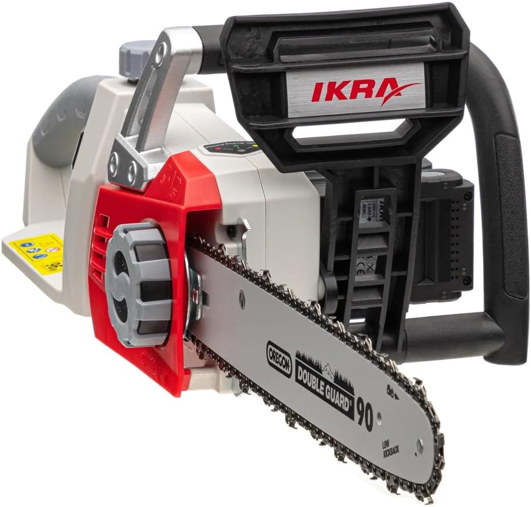 IKRA - Tronçonneuse sans Fil 40V (2x20V) Moteur Brushless 2000W Guide Oregon 35,5cm Tension sans Outil Frein Anti-Rebond - Inclus 2 Batteries 2Ah et Chargeur double Rapide