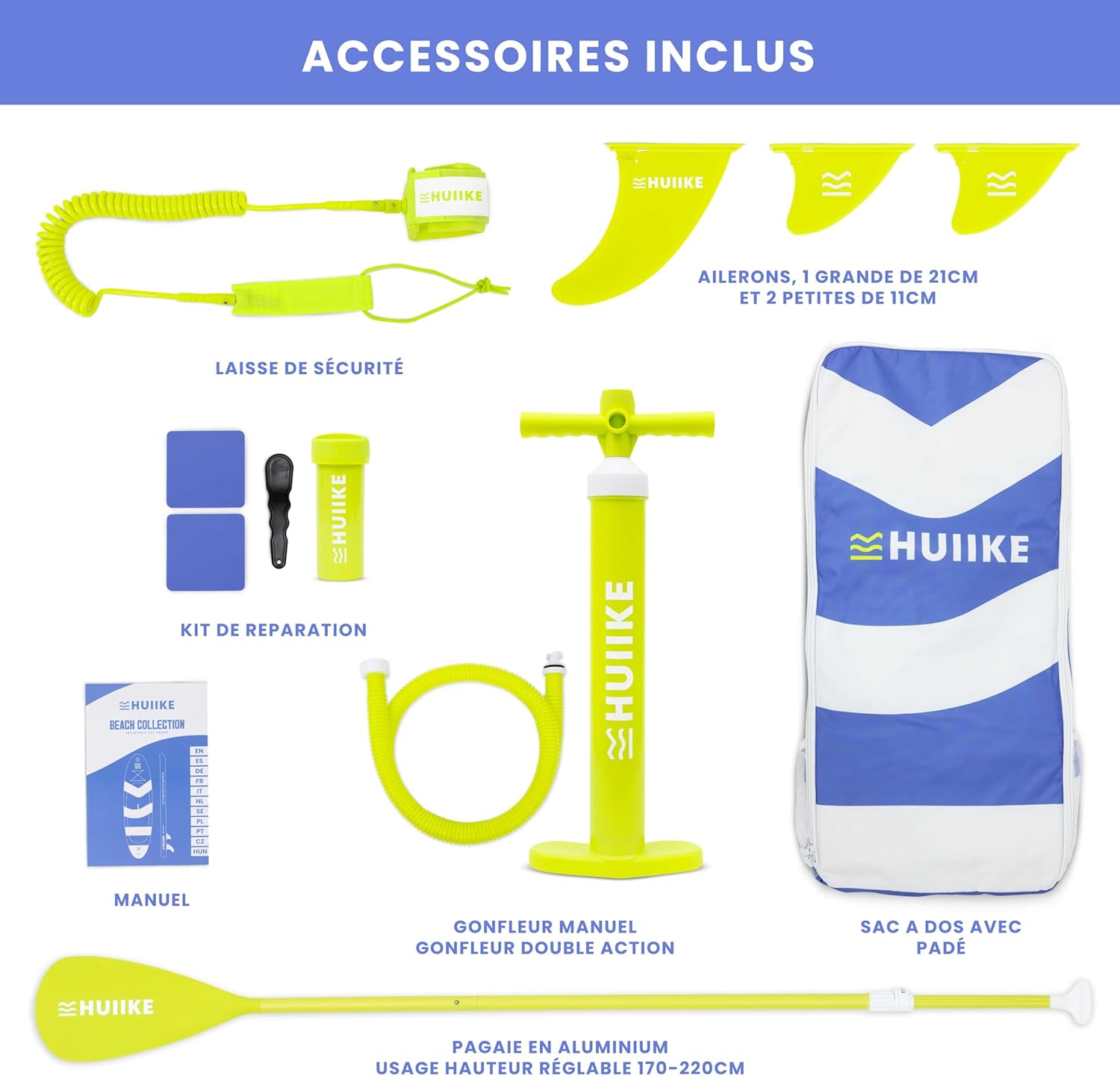 HUIIKE Paddle Gonflable Adulte avec Accessoires Inclus, Pagaie, Ailerons, Pompe. Planche de Stand Up Paddle Grande Stabilité et Résistance. 305 x 84 x 15 cm, Jusqu'à 130 kg
