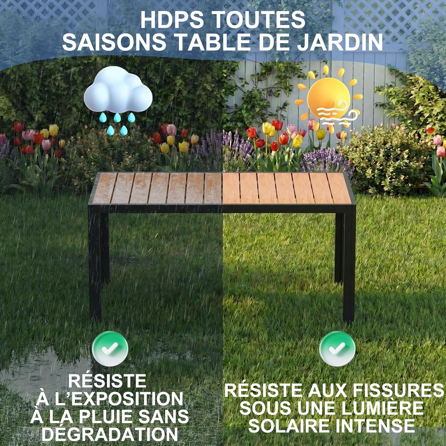 Devoko - HDPS - 150x80x72 cm - Table aluminium extérieur, bois, facile entretien