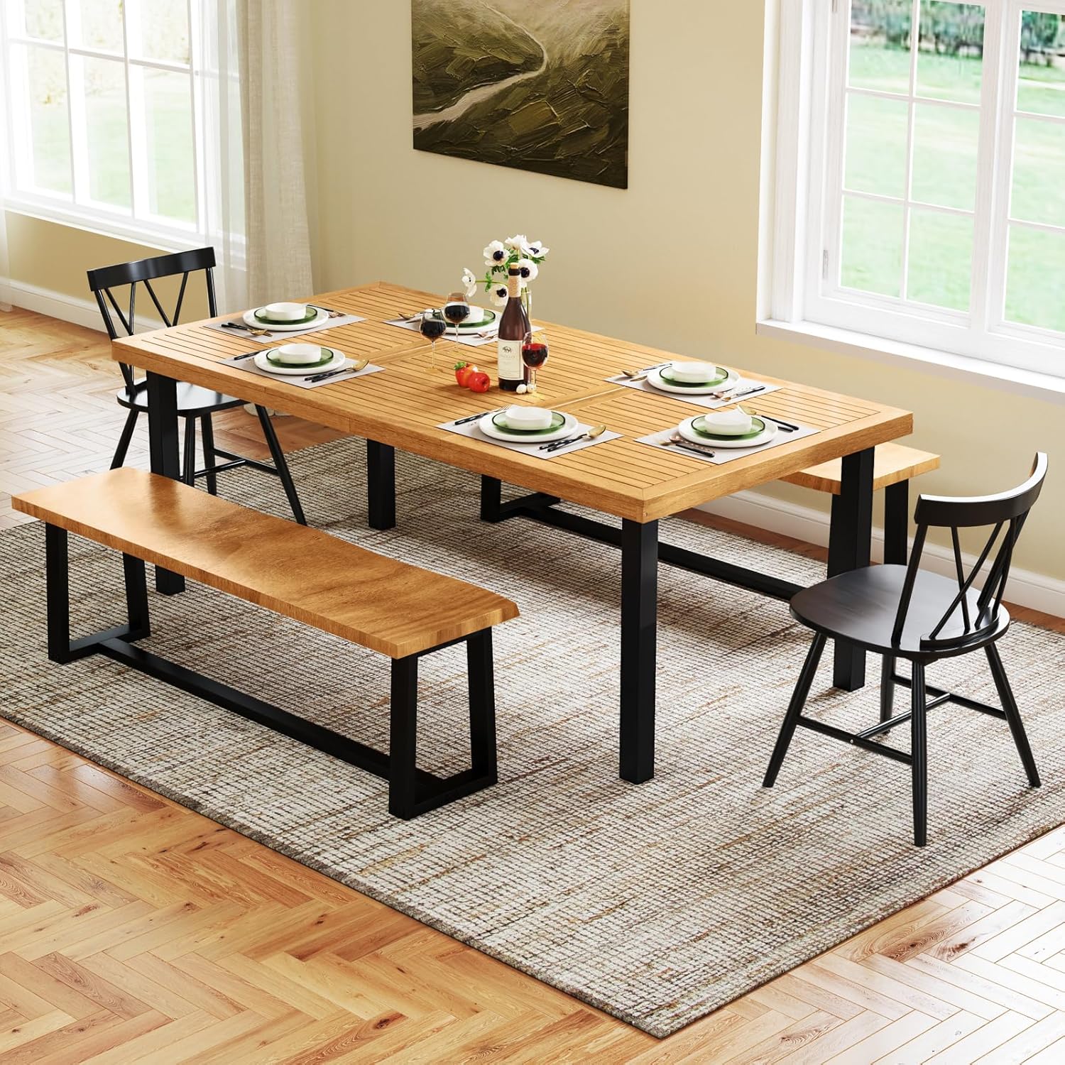 GOPLUS - Table à manger bois FSC 200x100x75cm - 8 pers, trou parasol