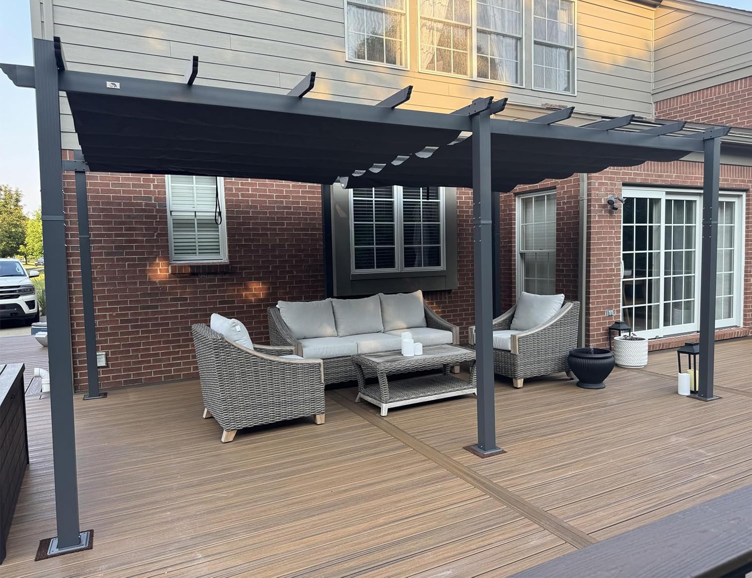 PURPLE LEAF - Pergola Aluminium - 5,5 x 3,5 m - Toit coulissant, tissu teint en fil, gris