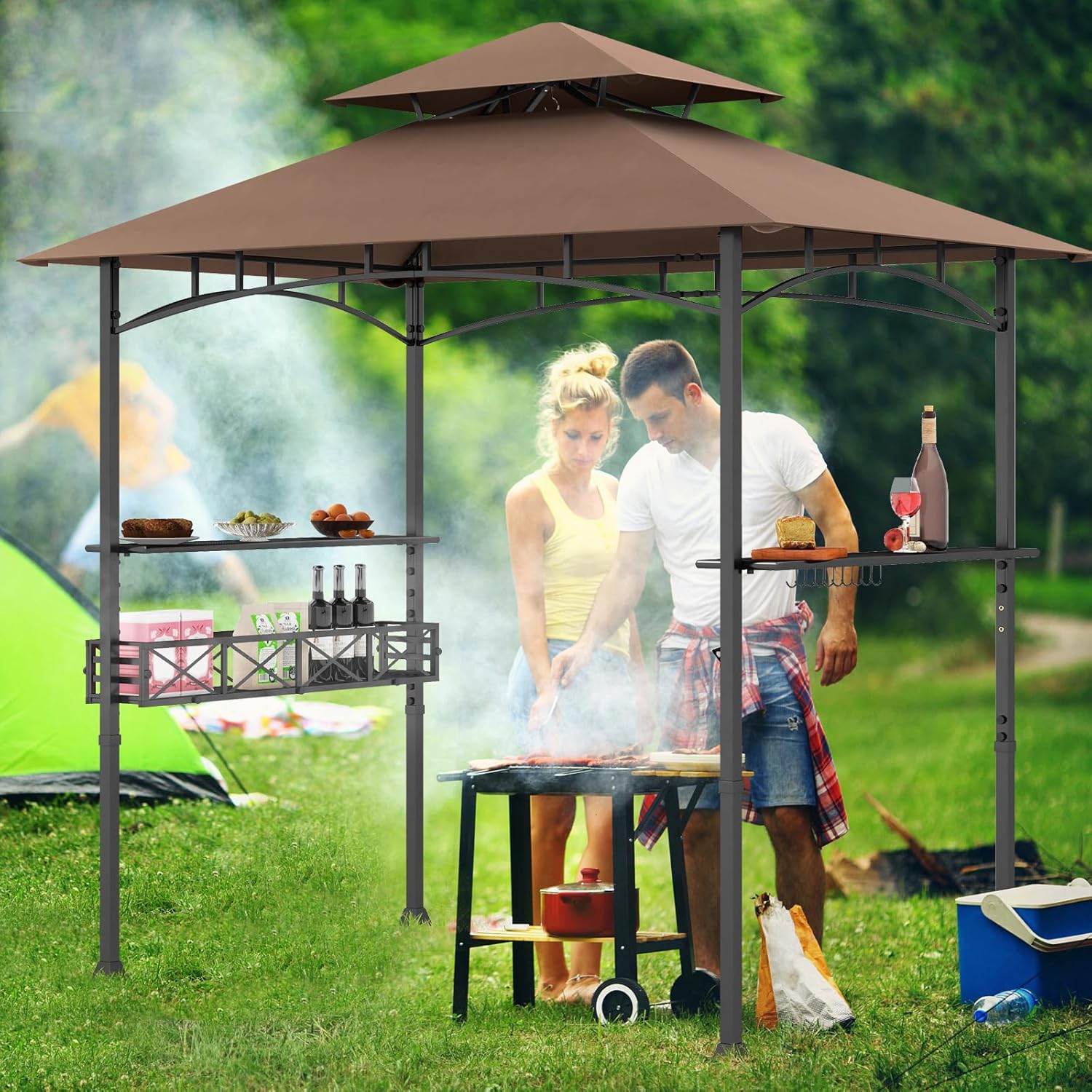 GOPLUS - tonnelle barbecue extérieur - 242x153x250cm - double toit, crochets, décapsuleur