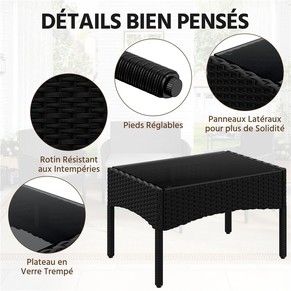 Yaheetech - Salon de Jardin 4 Places Polyrotin métal coussins, 195x125 cm, noir/gris clair