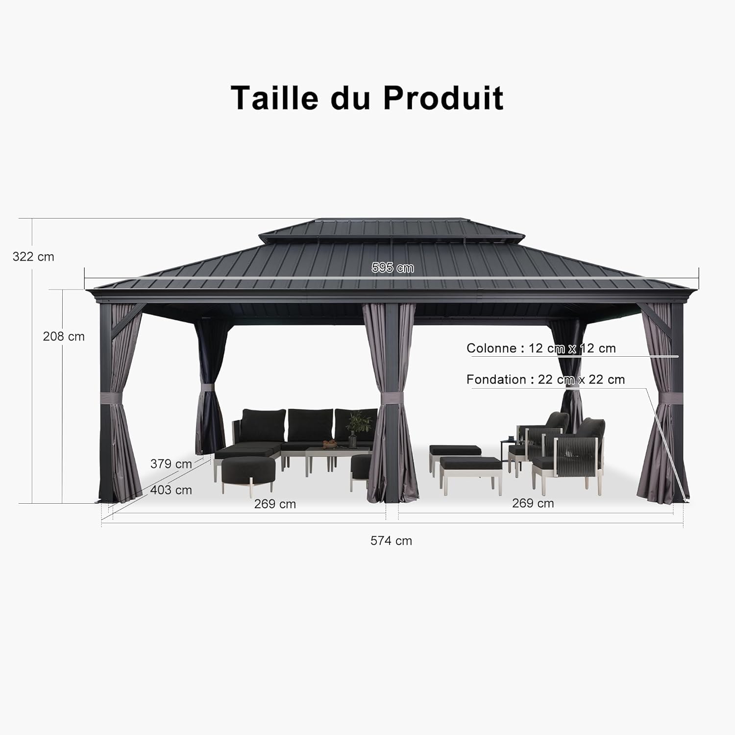 PURPLE LEAF - Pergola Série 6x4,25m - alu, leds, rideaux, gouttière