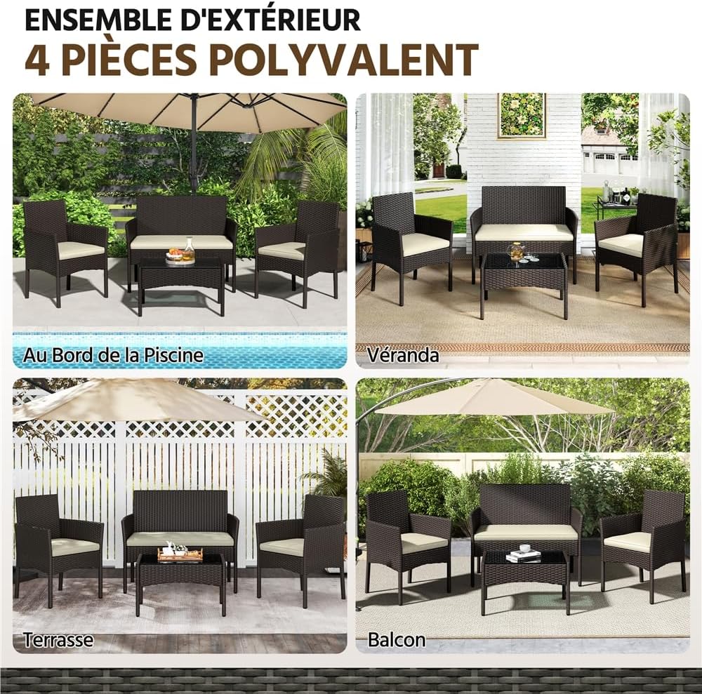 Yaheetech - Salon de jardin 4 places - polyrotin métal - canapé, fauteuils, table, coussins - brun/beige