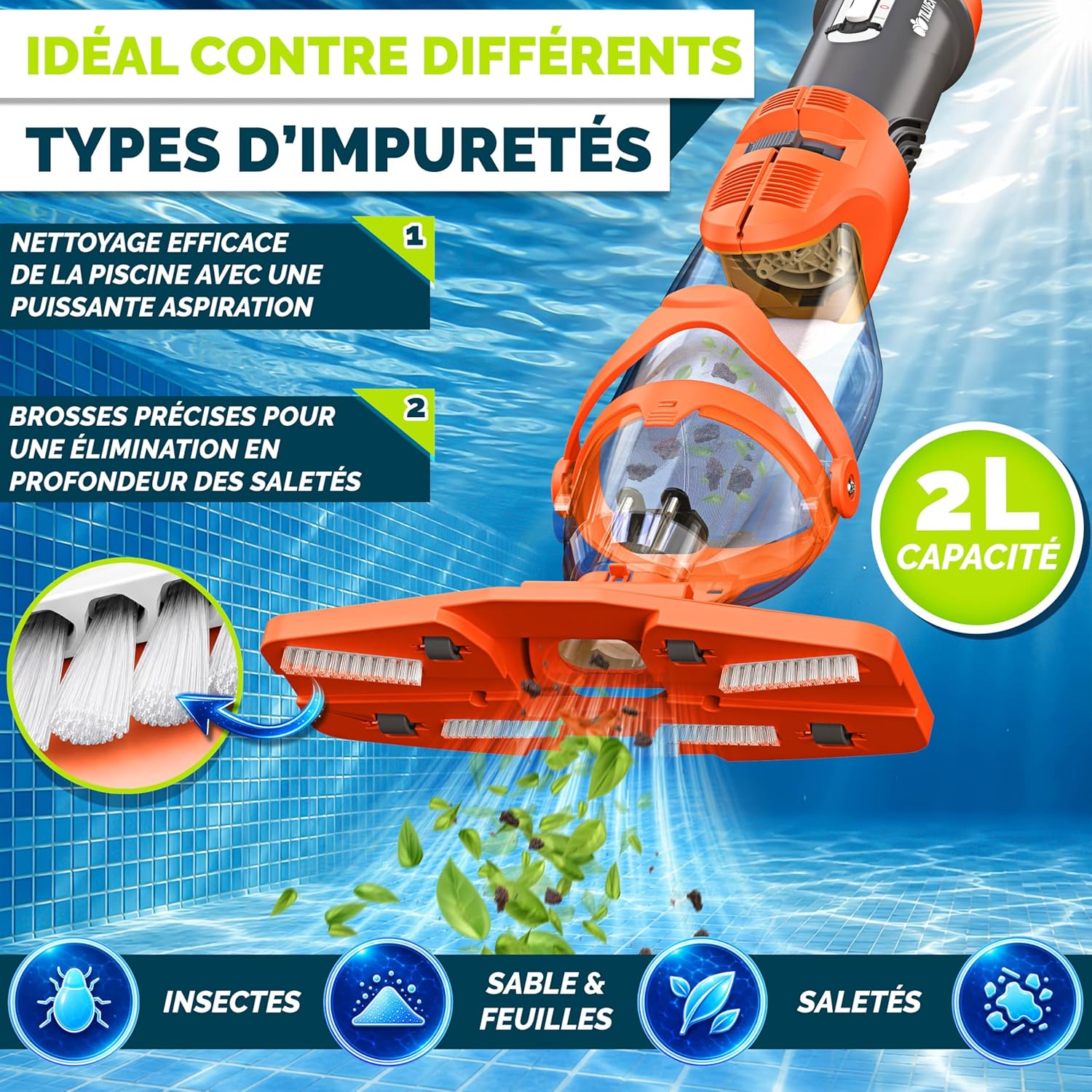 tillvex - Aspirateur piscine électrique, manche téléscopique, 60 min autonomie, filtre intégré