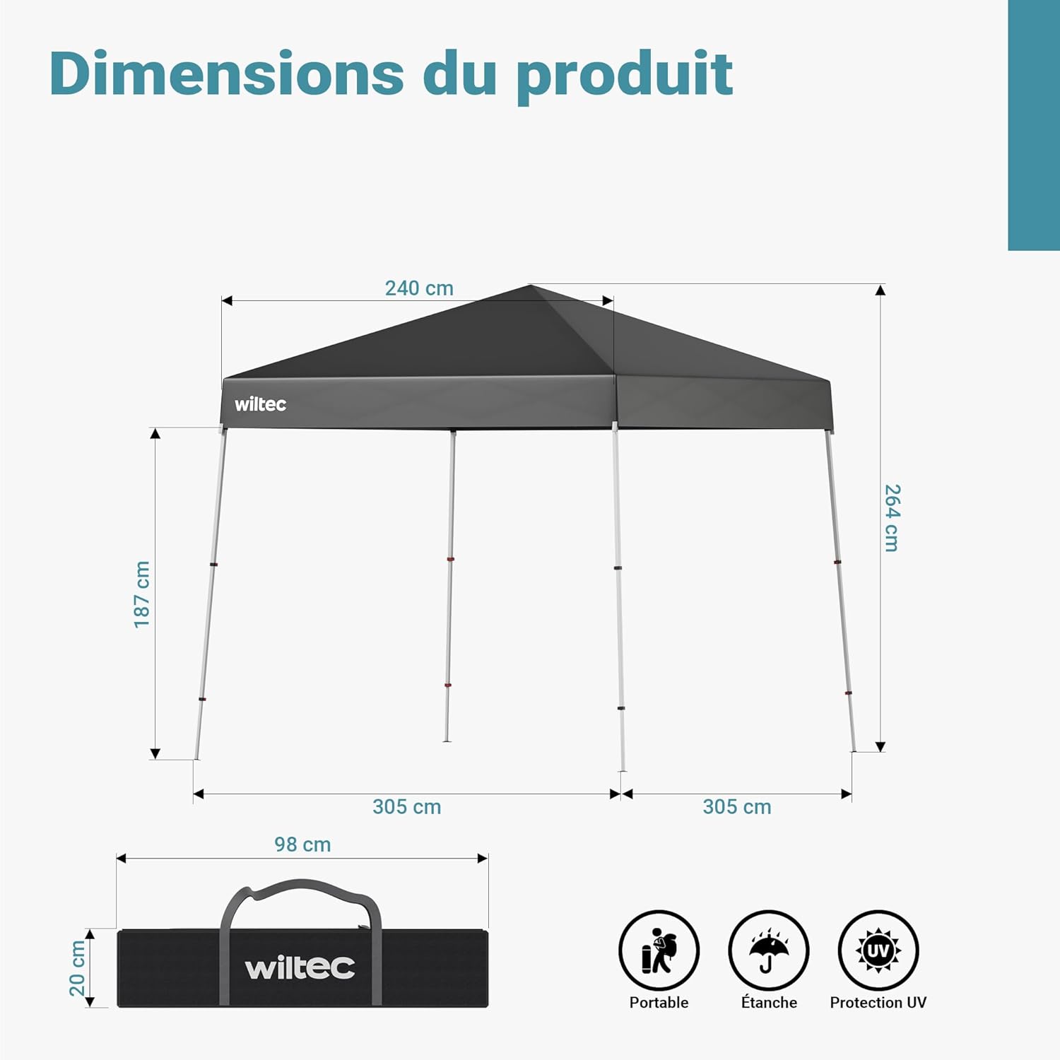 Wiltec - Tonnelle pliante étanche 2,5x2,5x2,7m - cadre robuste