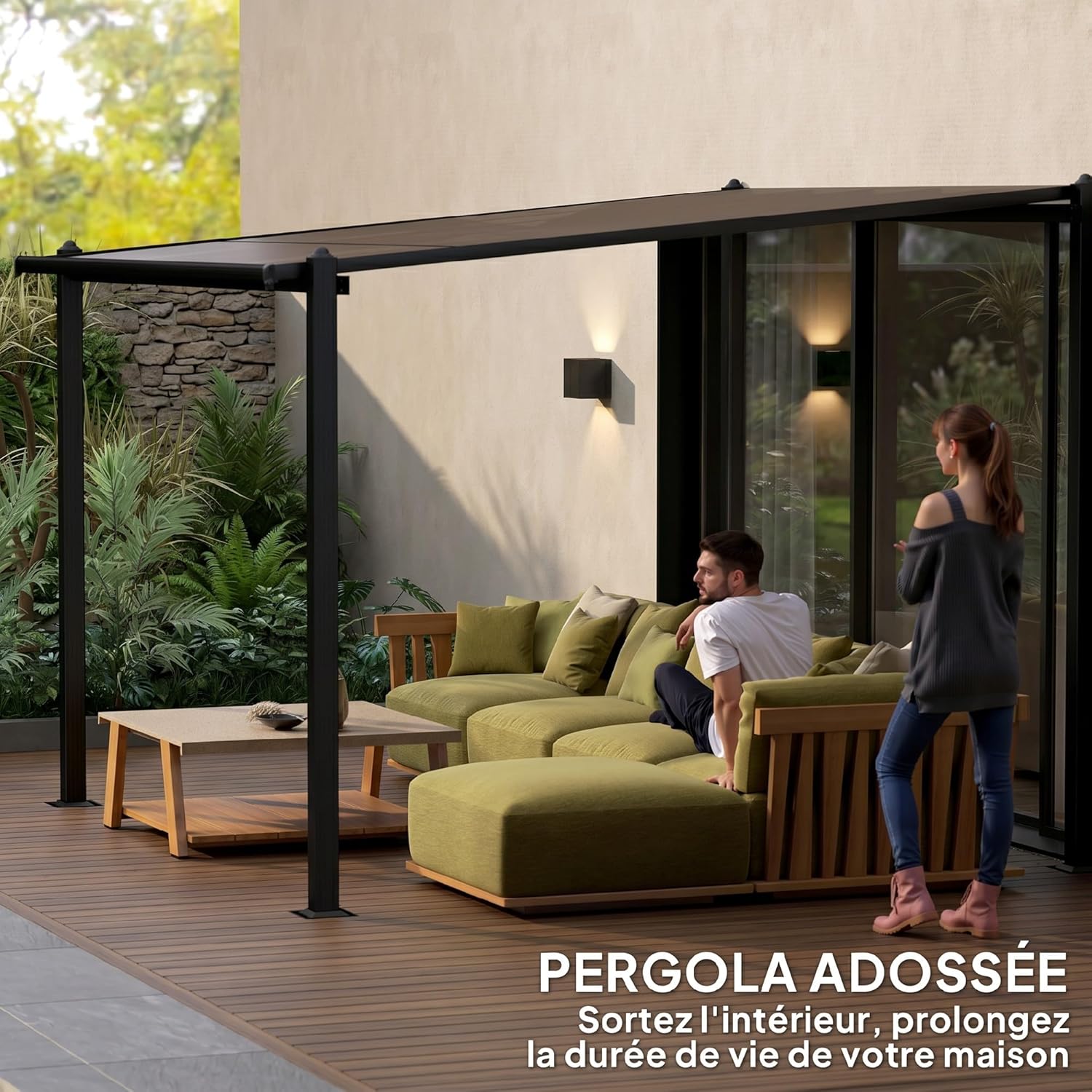 Outsunny - Pergola adossée aluminium - 3x3m - toit polycarbonate, drainage, UPF30+, gris