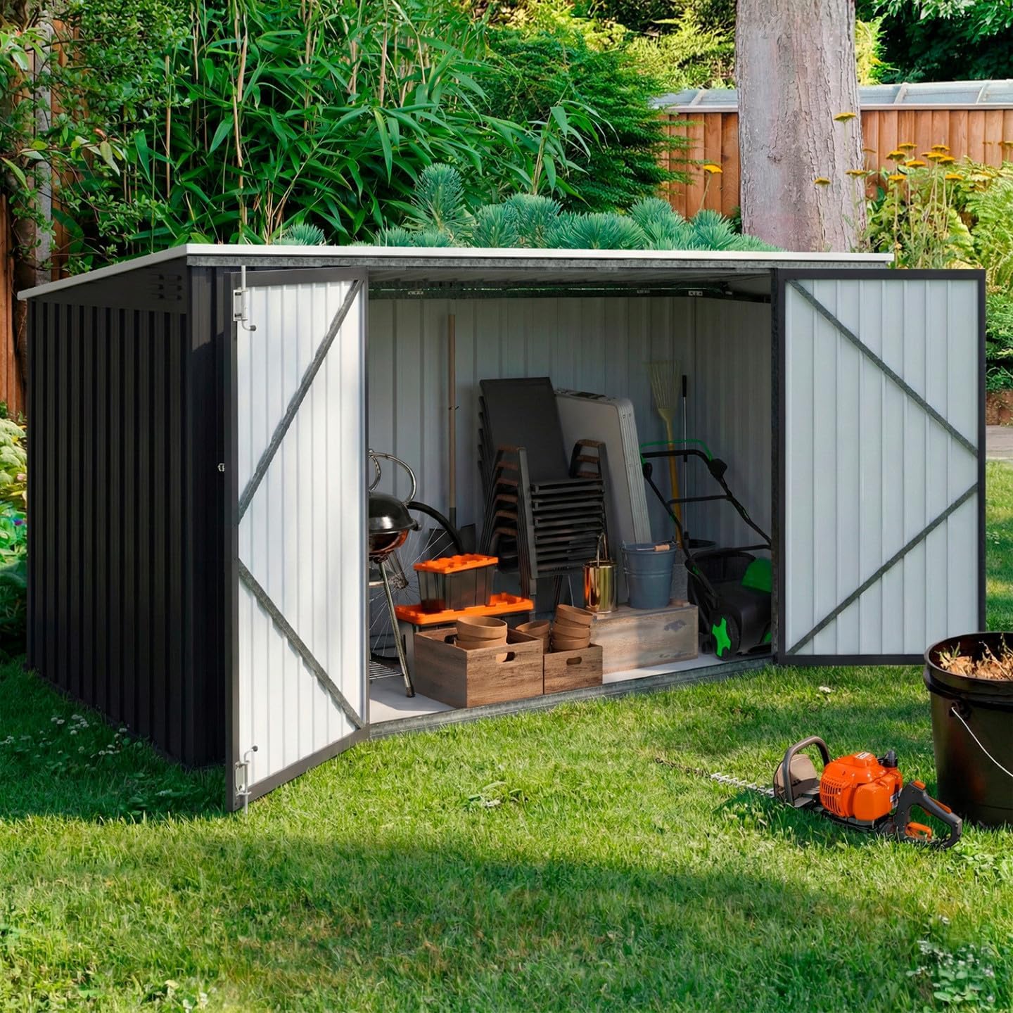 IDMarket - Abri de jardin XXL métal gris anthracite, verrouillable, multi-rangement, 340x382x180 cm