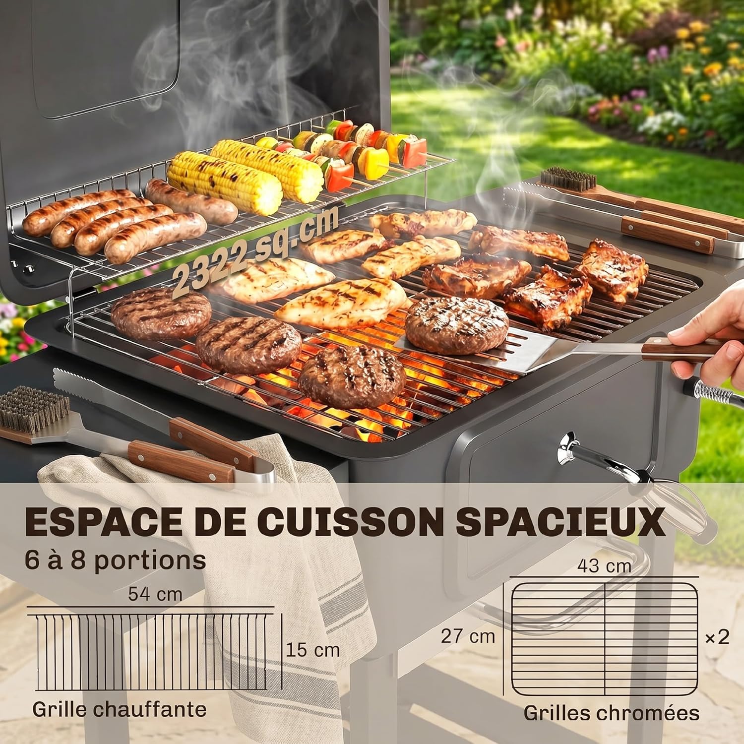 Outsunny - Barbecue XXL 112 cm - fumoir, thermomètre, chariot, couvercle
