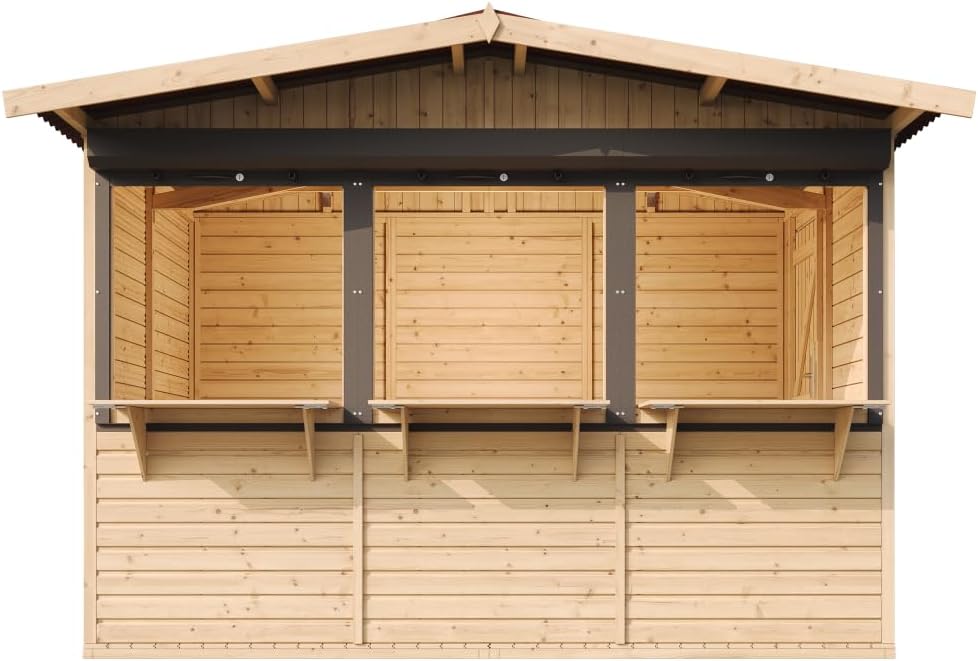 TIMBELA Abri de Jardin en Bois M150AZ – Kiosque Bois - Stand Marché avec 3 Fenêtres + Volets roulants, L336xP263xH232 cm / 6 m², Facile à Monter et à Démonter, Bar Jardin