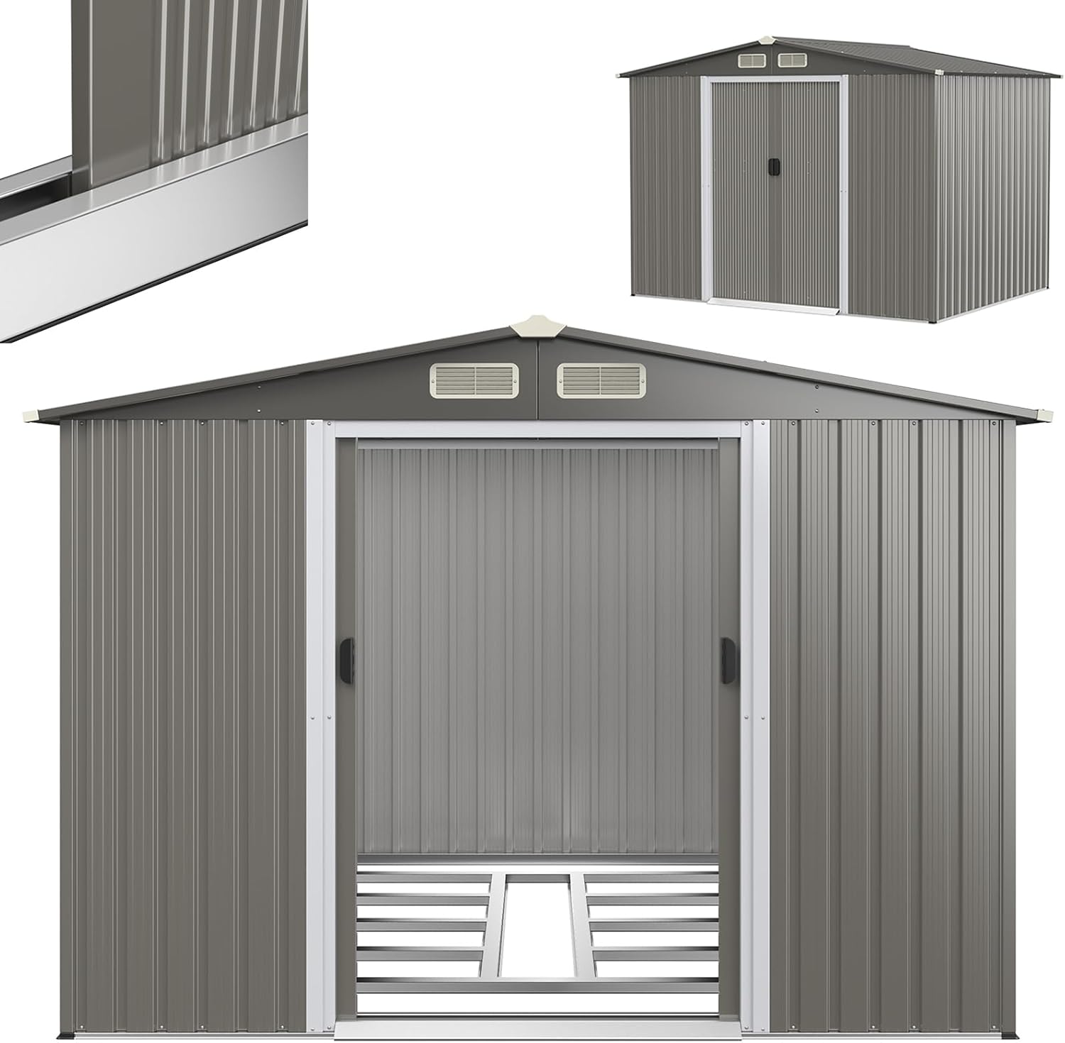 RELAX4LIFE Abri de Jardin en Tôle d’Acier Galvanisée avec Fondation et Double Porte Coulissante, Cabane à Outils avec Toit en Appentis et Volets 260X206,5 X 108 CM (Toit Gris foncé)