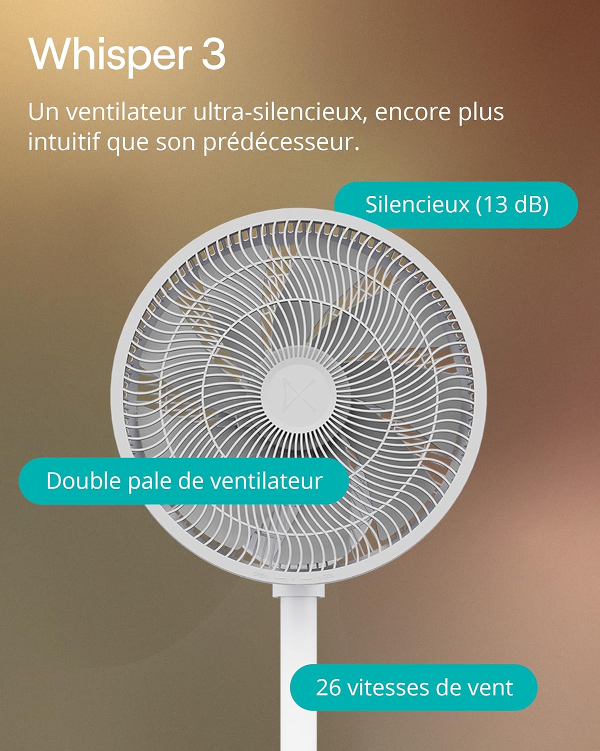 Duux Whisper 3 Ventilateur sur Pied – Ventilateur Économe en Énergie avec 26 Vitesses, Minuterie et Mode Nuit – Hauteur Réglable (73–95 cm) – Oscillation Horizontale et Verticale – Blanc