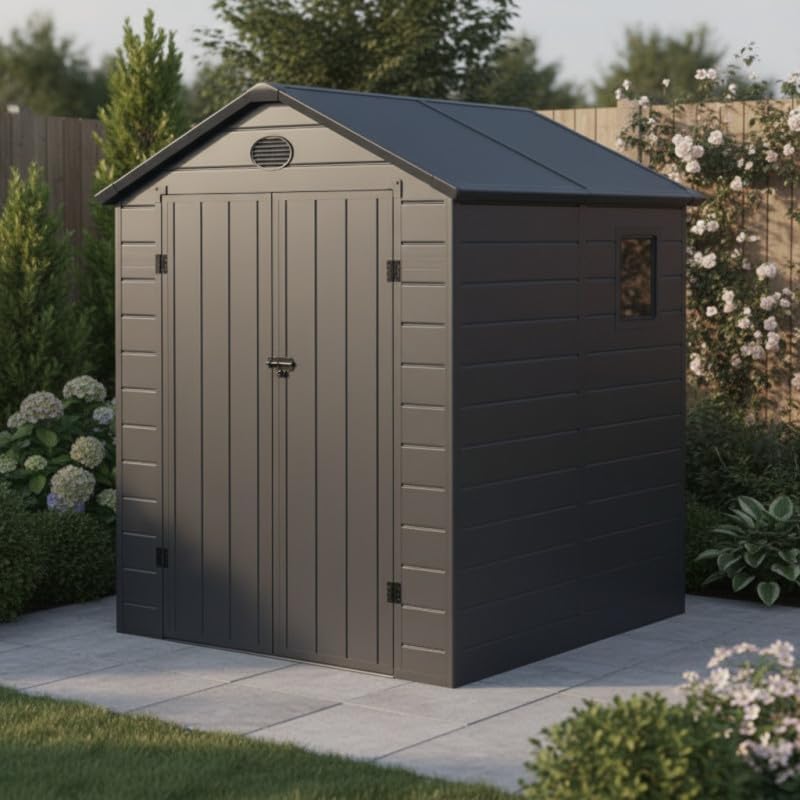 Jôbu - Abri de Jardin Résine série anthracite - 3,65m² - double porte, fenêtre, aération, structure acier, kit inclus