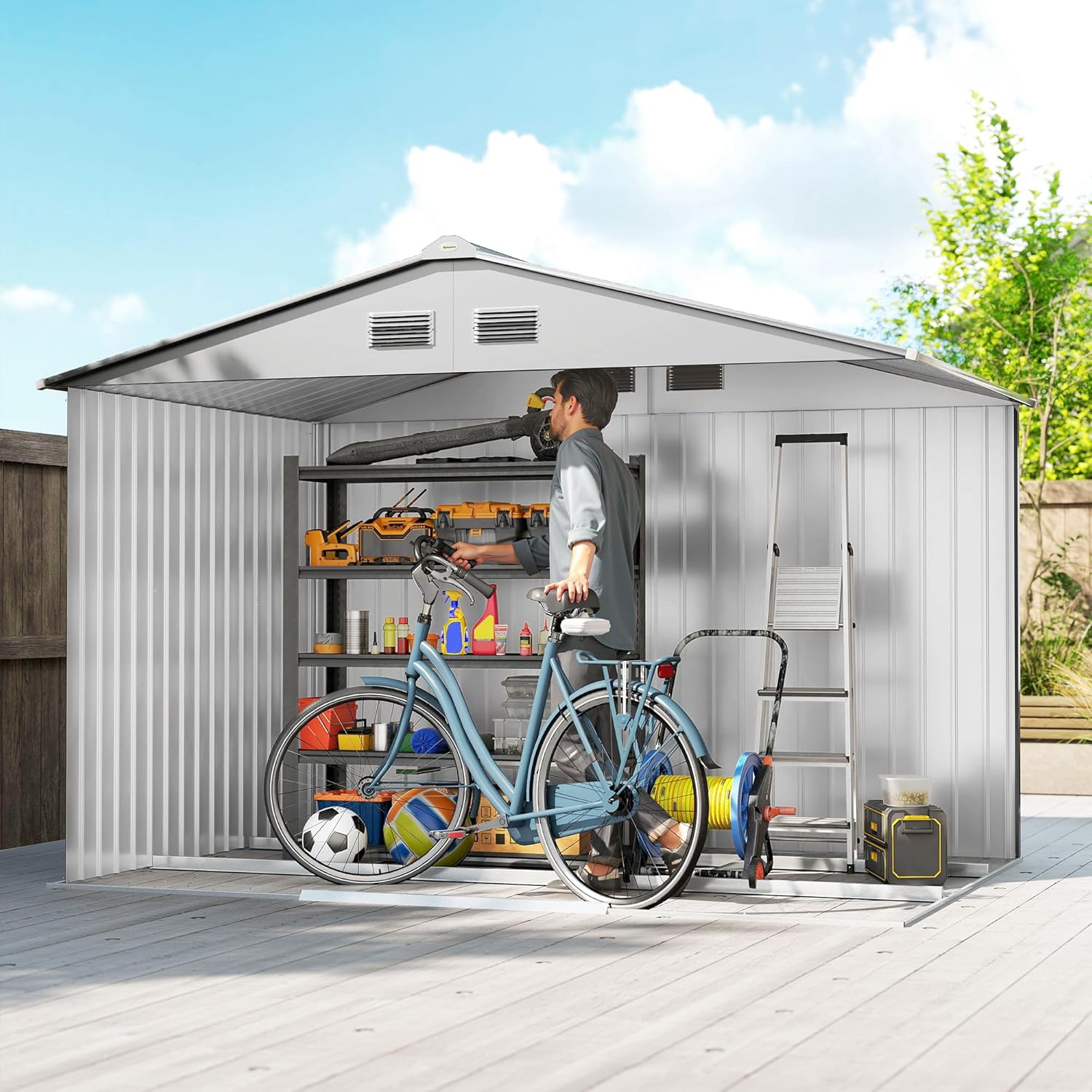 Outsunny - abri de jardin 4,9 m², 277x195x192 cm, porte coulissante, ventilation, kit fondation