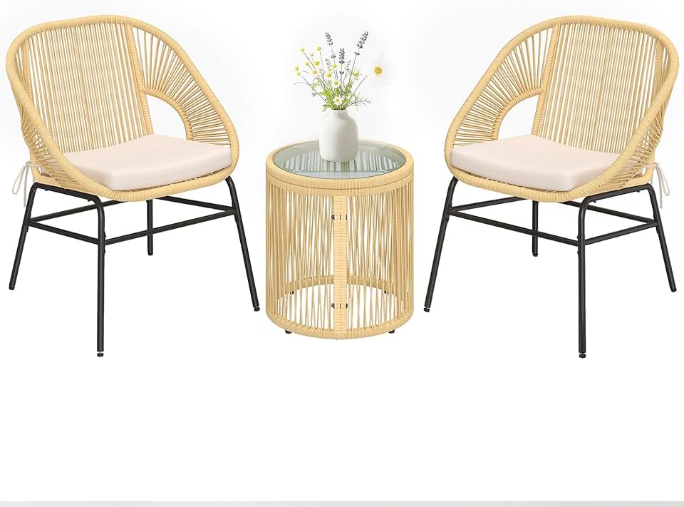 Outsunny - ensemble bistro 3 pcs - fauteuils confort, table verre - coussins déhoussables, résine tressée, beige