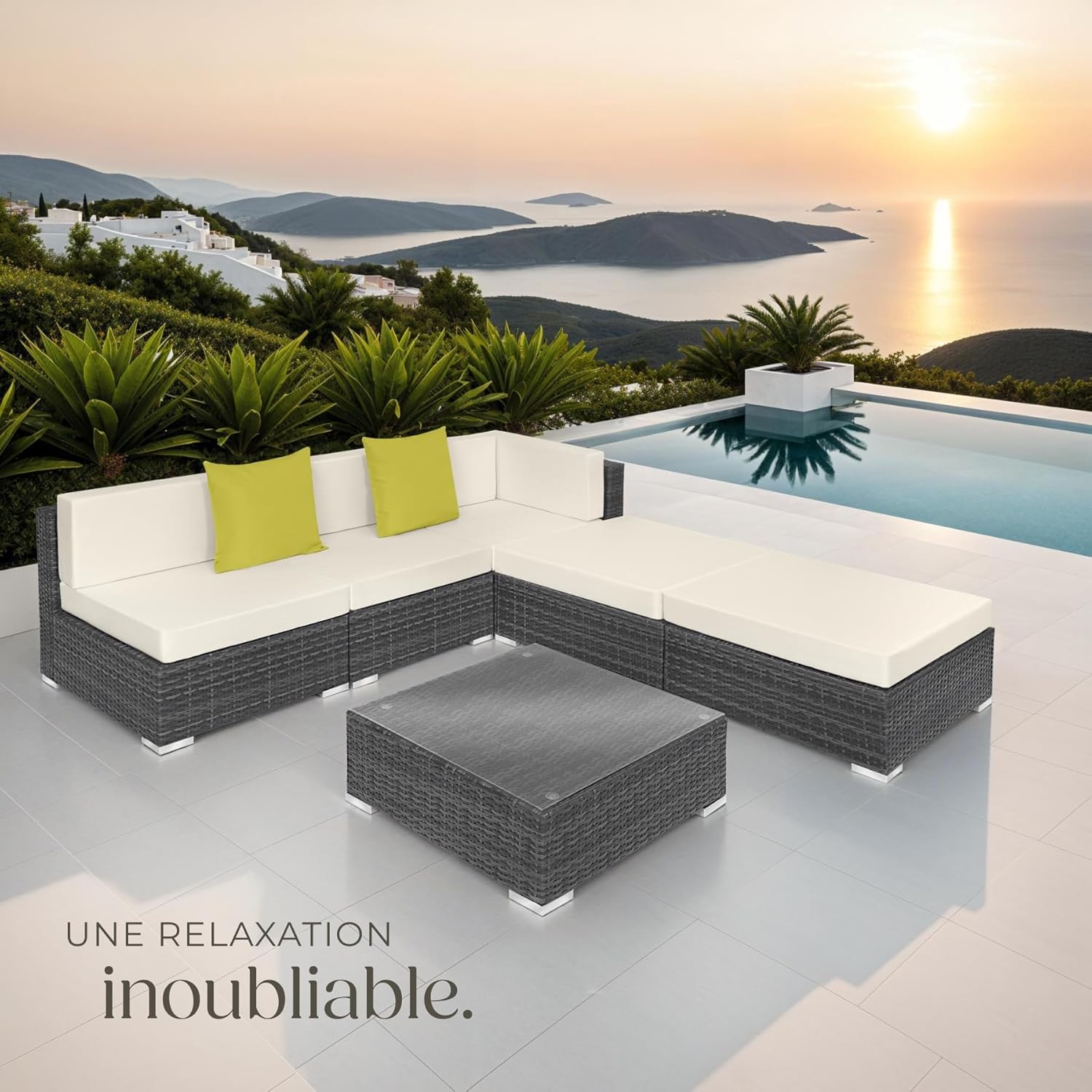 tectake - Salon de jardin XXL modulable 5 places avec table, poly rotin