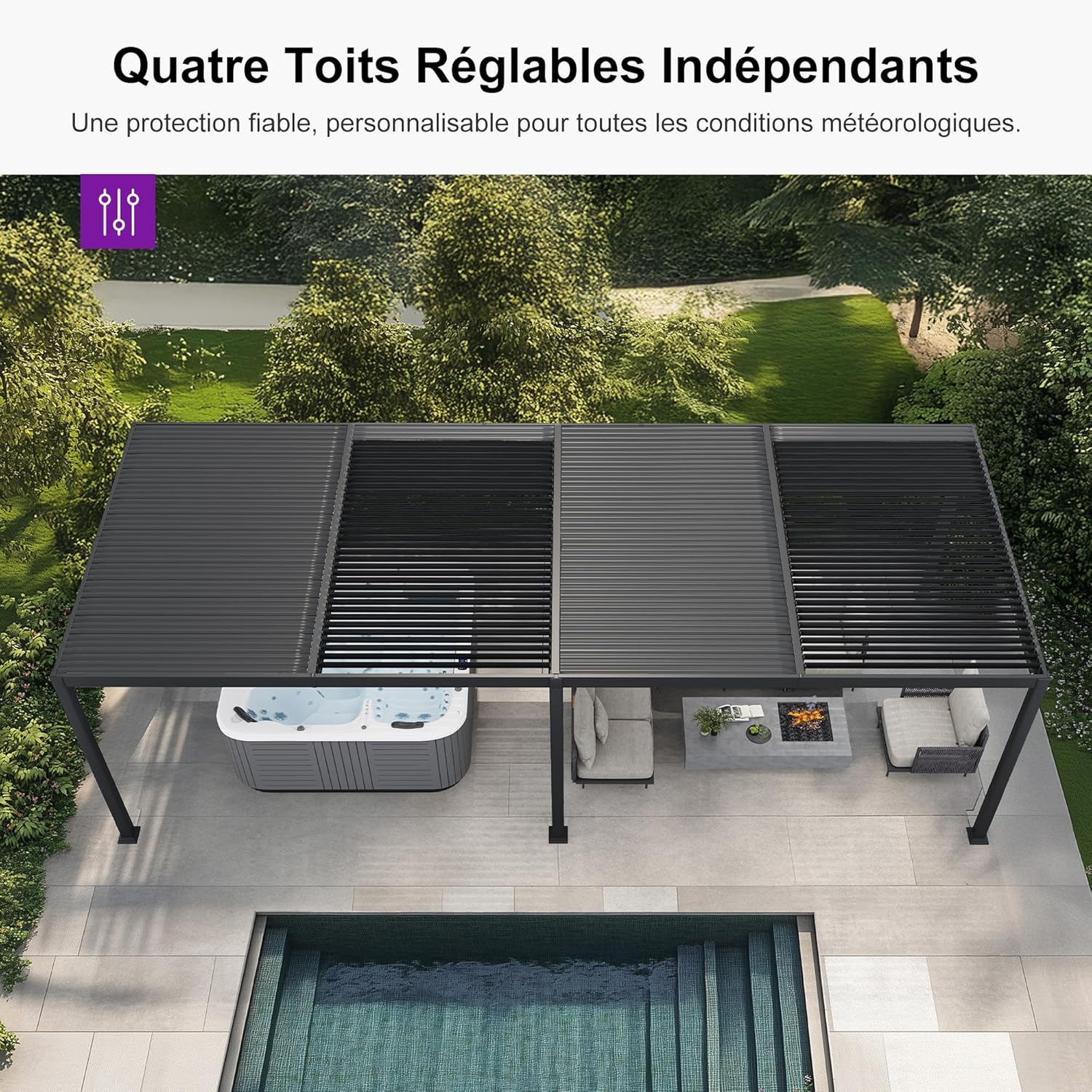 PURPLE LEAF - Pergola bioclimatique série - 3,5x8,5m - aluminium, lames orientables, jardin, terrasse, gris