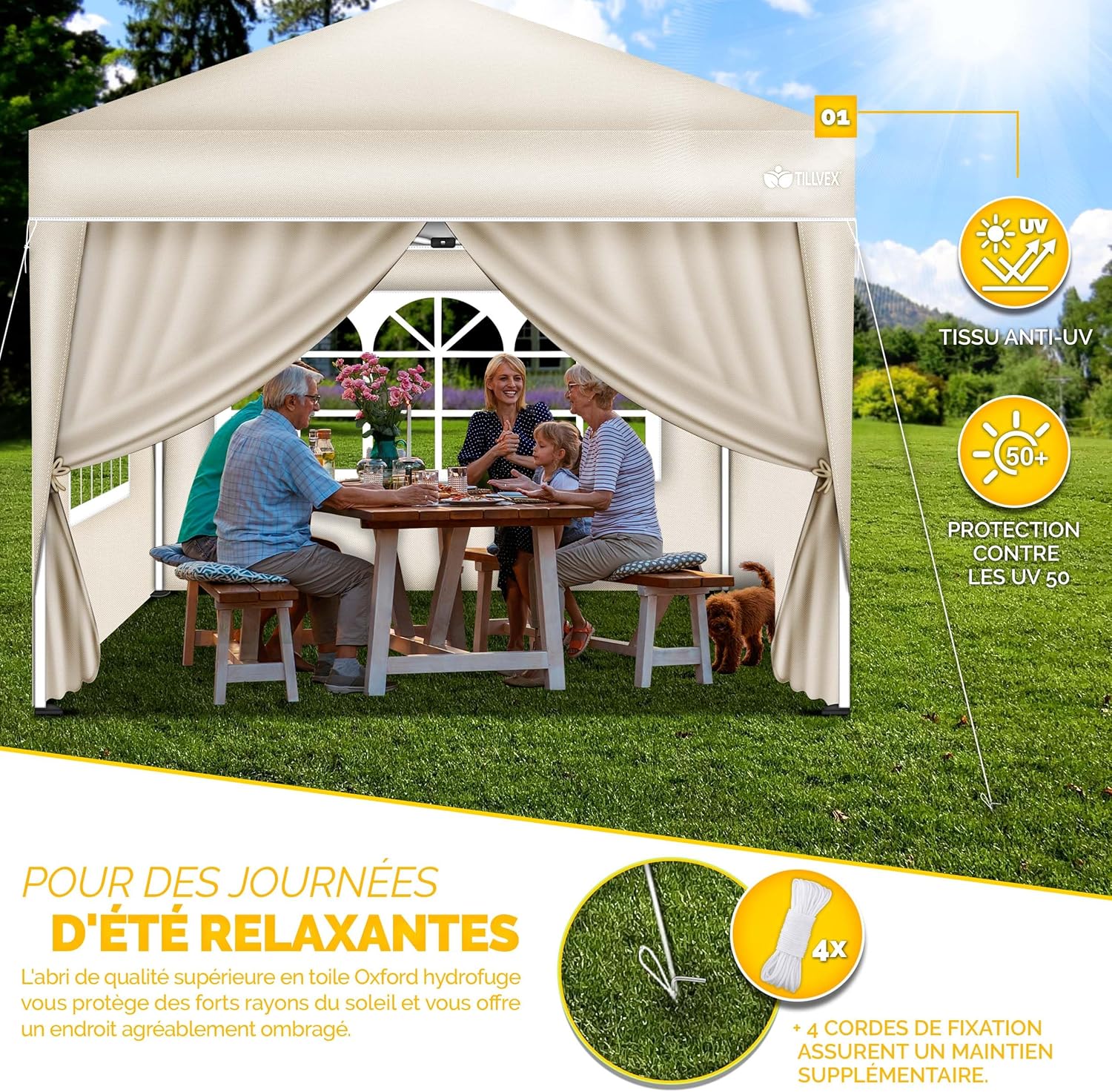Tillvex - Tonnelle pliante série Jardin - 3x3m, réglable, UV50+, 4 côtés