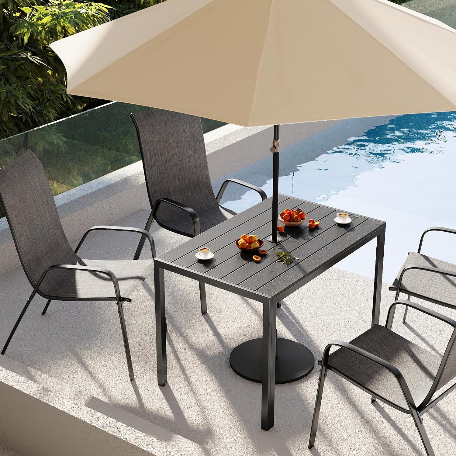 LIFERUN - Table de Jardin 110x70 cm avec Trou de Parasol, Résistante aux Intempéries, Élégante en Bois Effet Noir TW-110