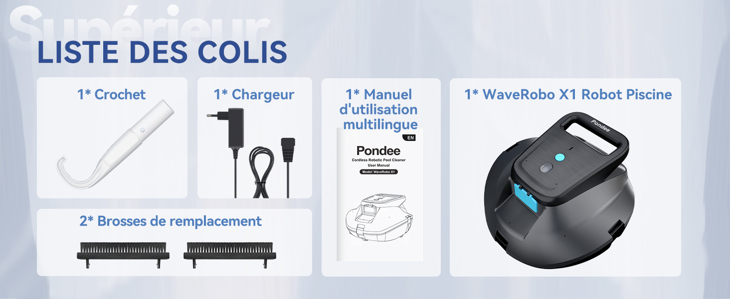Le texte se lit comme suit : « LISTE DES COLIS ». Schéma du contenu de l'emballage du produit montrant l'aspirateur robotique et ses accessoires.