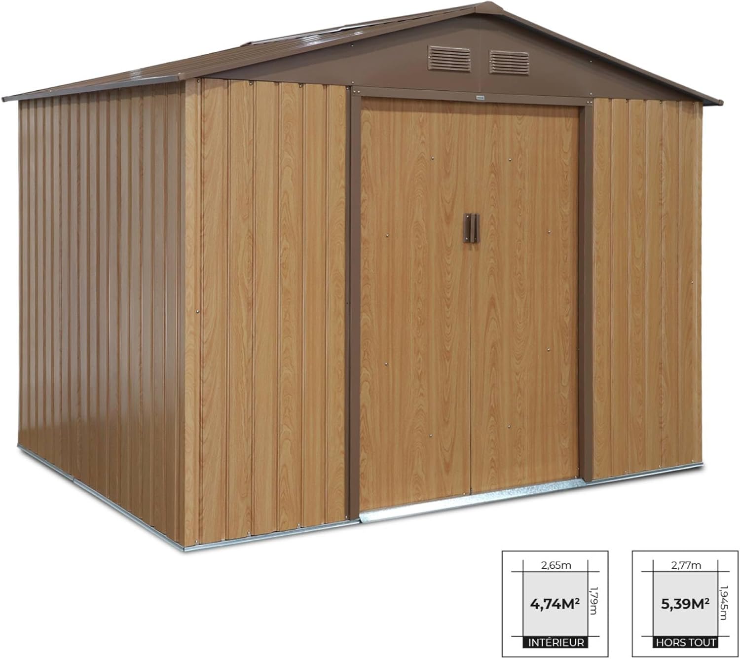 sweeek - Abri de Jardin en métal - FERRAIN 5.29m² Couleur chêne - Cabane à Outils avec Deux Grandes Portes coulissantes. kit de Fixation Sol Inclus. Maison de Rangement. Remise