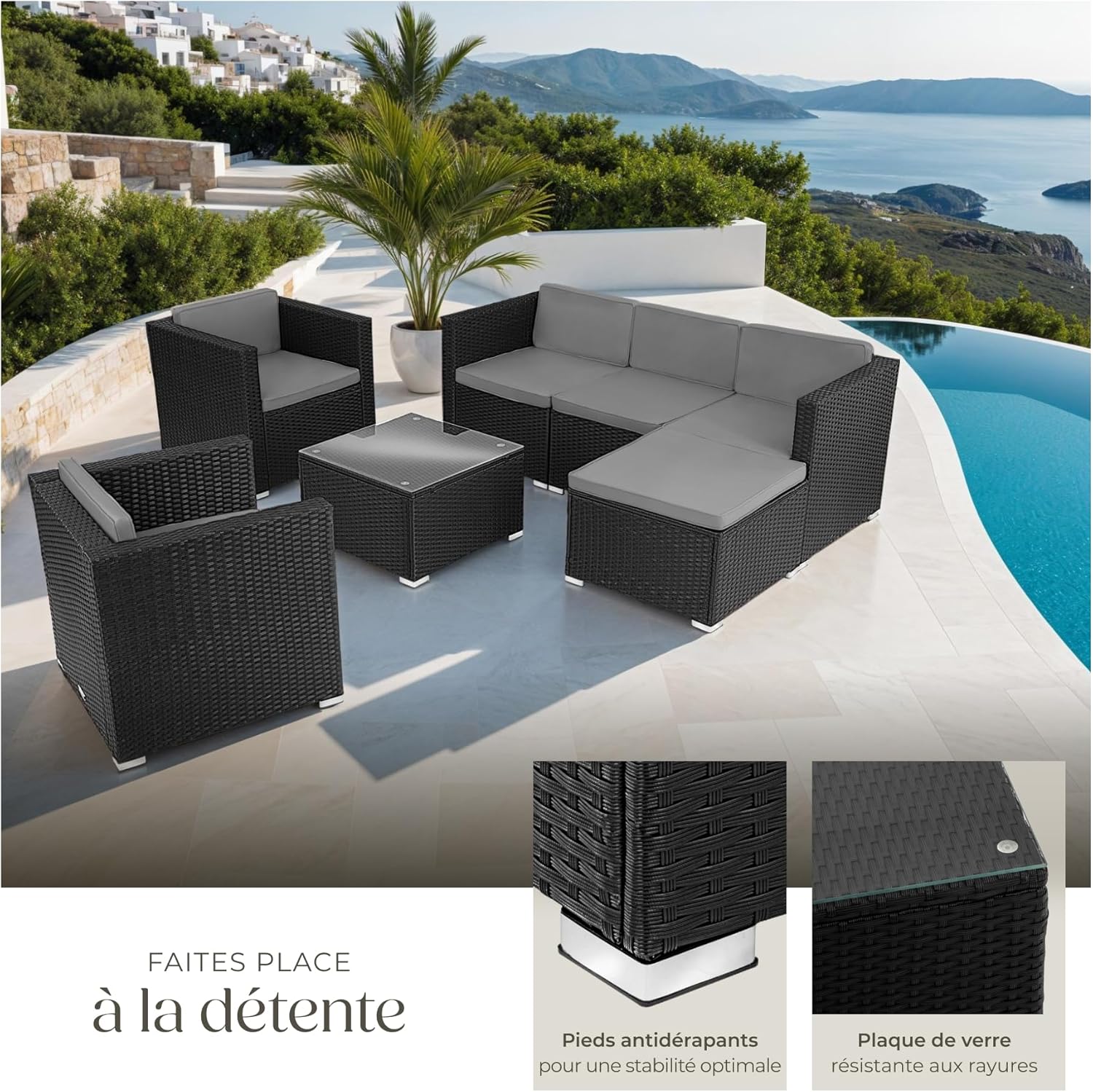tectake - salon jardin poly rotin modulable 7 places, coussins inclus, ensemble fauteuils et table