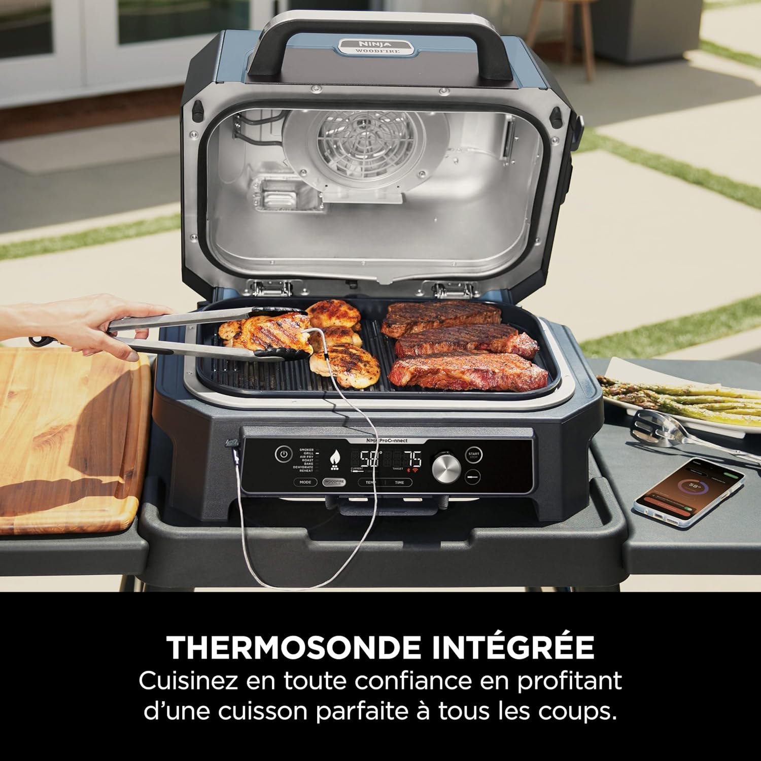 Ninja - Woodfire Pro Connect XL - Barbecue électrique 7-en-1, contrôle via appli, 2 sondes, housse, accessoires - OG901E