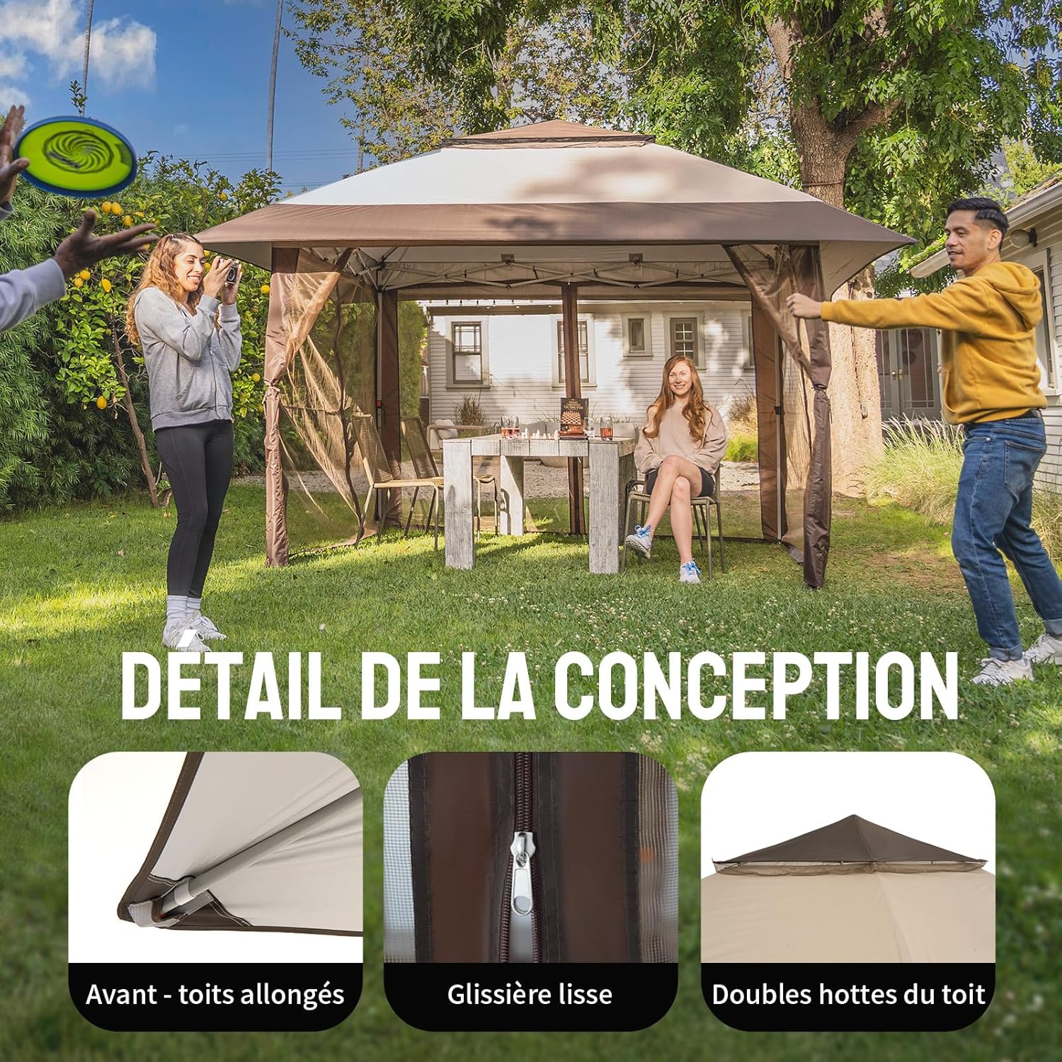 CROWN SHADES Tonnelle de Jardin 4 x 4 m, Pop Up Gezebo Exterieur Imperméable, Abri de Jardin Réglable en Hauteur, Double Toit avec Côtés en Maille Zippée, Sac de Transport, Beige