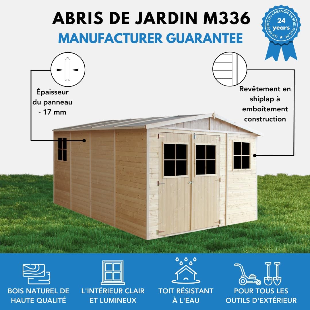 ABRI de Jardin en Bois Exterieur avec Les PLANCHERS IMPRÉGNÉ - en Pin/épicéa- H226x324x416 cm/12 m²- Construction de Panneaux- Rangement pour vélos, Remise à Outils- TIMBELA M336+M336G