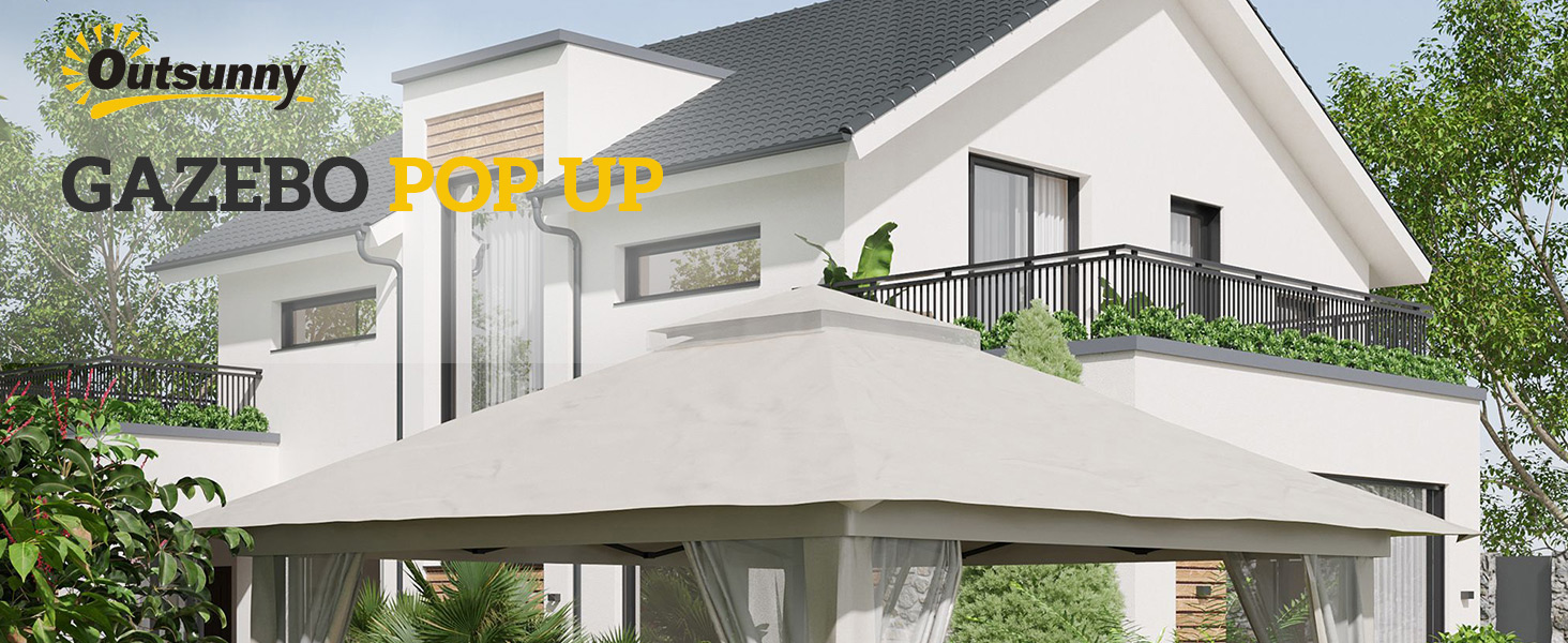 Rendu 3D d'une maison blanche à deux étages avec balcon et grandes fenêtres. Superposition de texte « Outsunny GAZEBO PRO 3.0 » en