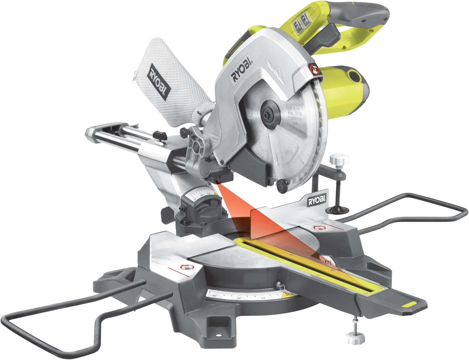 RYOBI - Scie à Onglets Radiale 2000W EMS305RG – Lame Ø305mm 48 dents, Laser, 2 Extensions Télescopiques, Buse d’aspiration et sac à poussière, Coupe Précise Bois, PVC et Stratifié