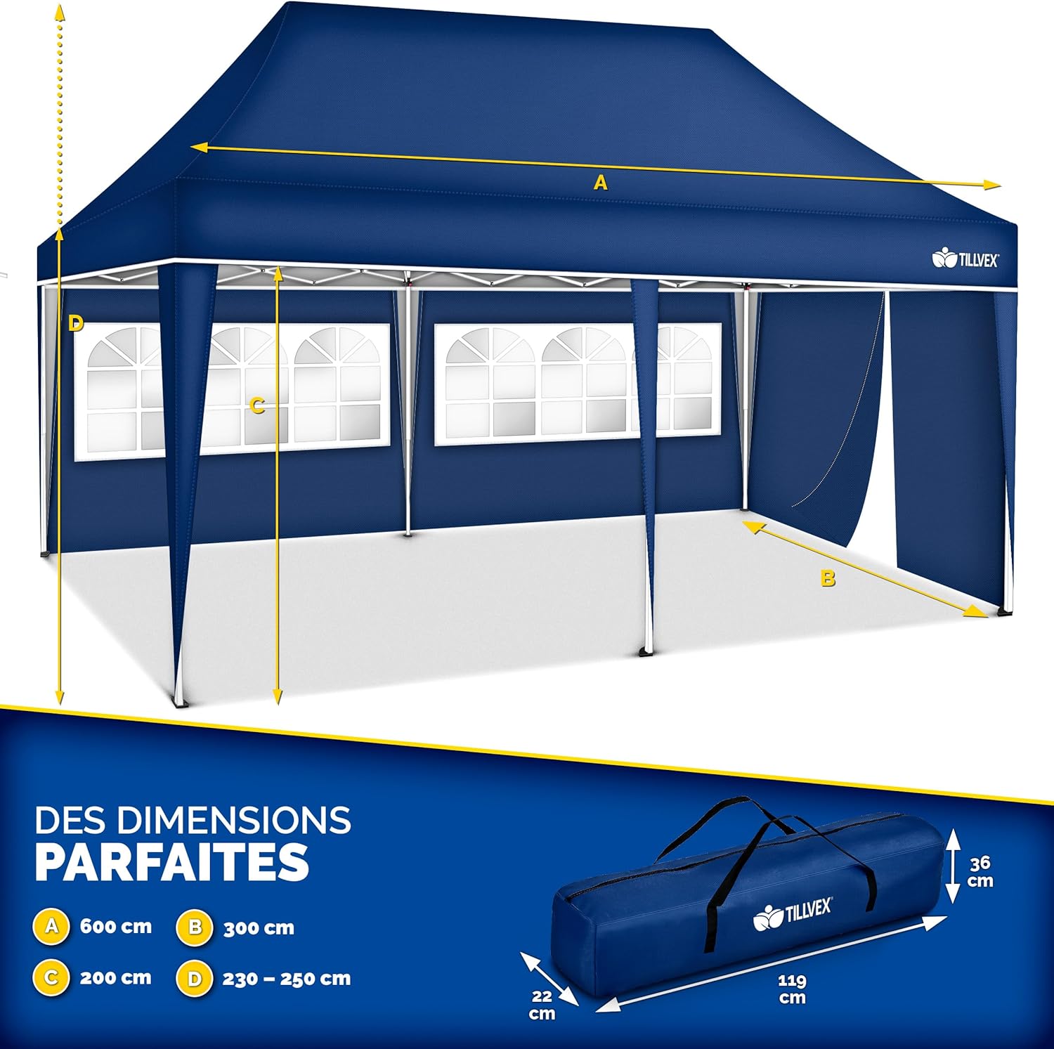 tillvex - Tonnelle pop-up 3x6m, étanche, UV50+, 3 côtés, sac