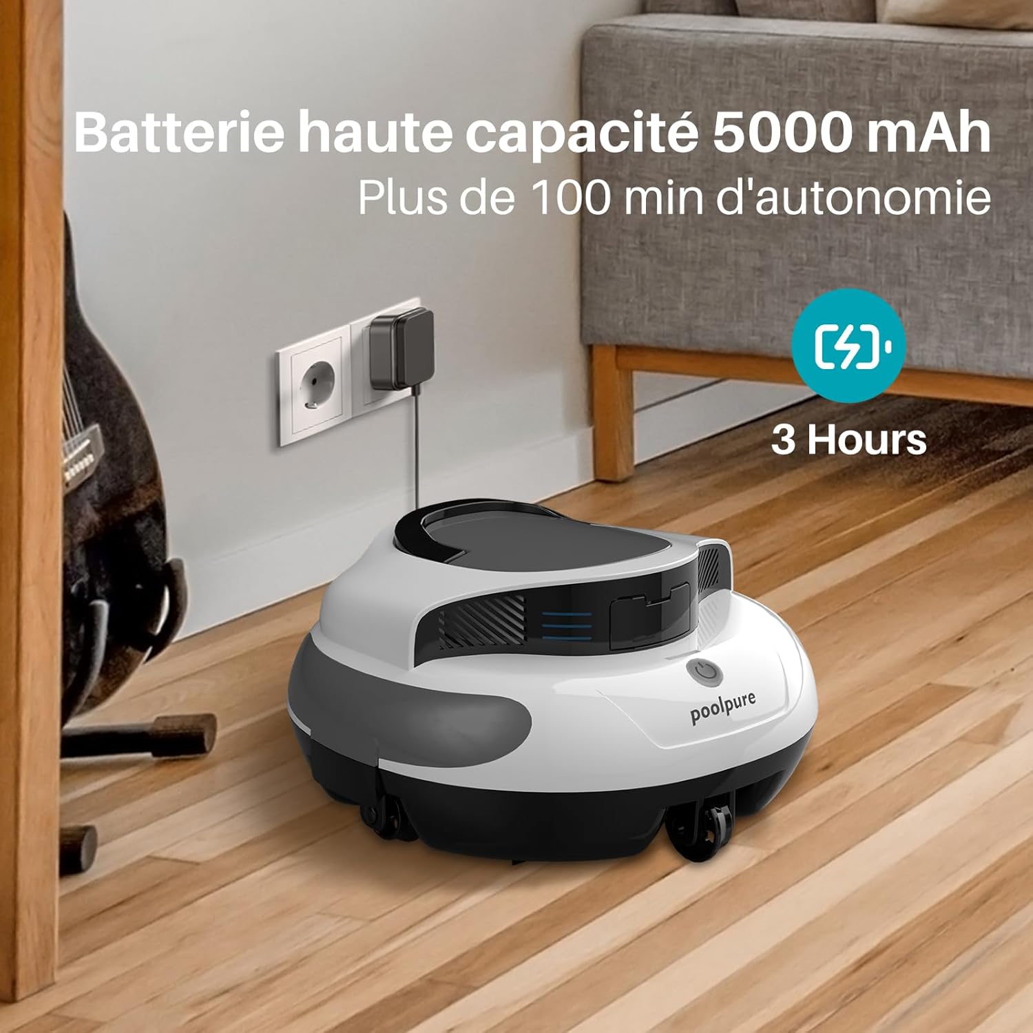 POOLPURE - Robot piscine sans fil - 5000mAh, double moteur, LED, auto-stationnement, IPX8, max 90㎡