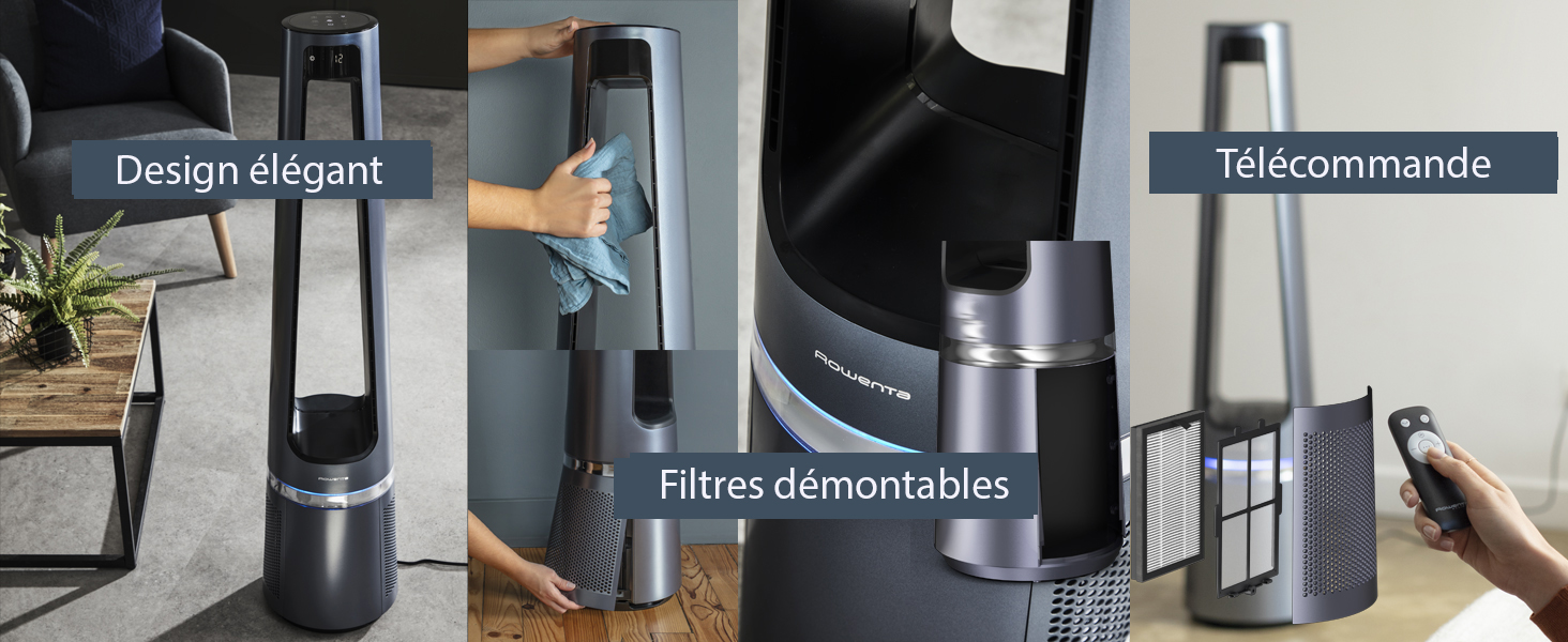 Focus sur les éléments principaux : design élégant, filtres démontables et télécommande