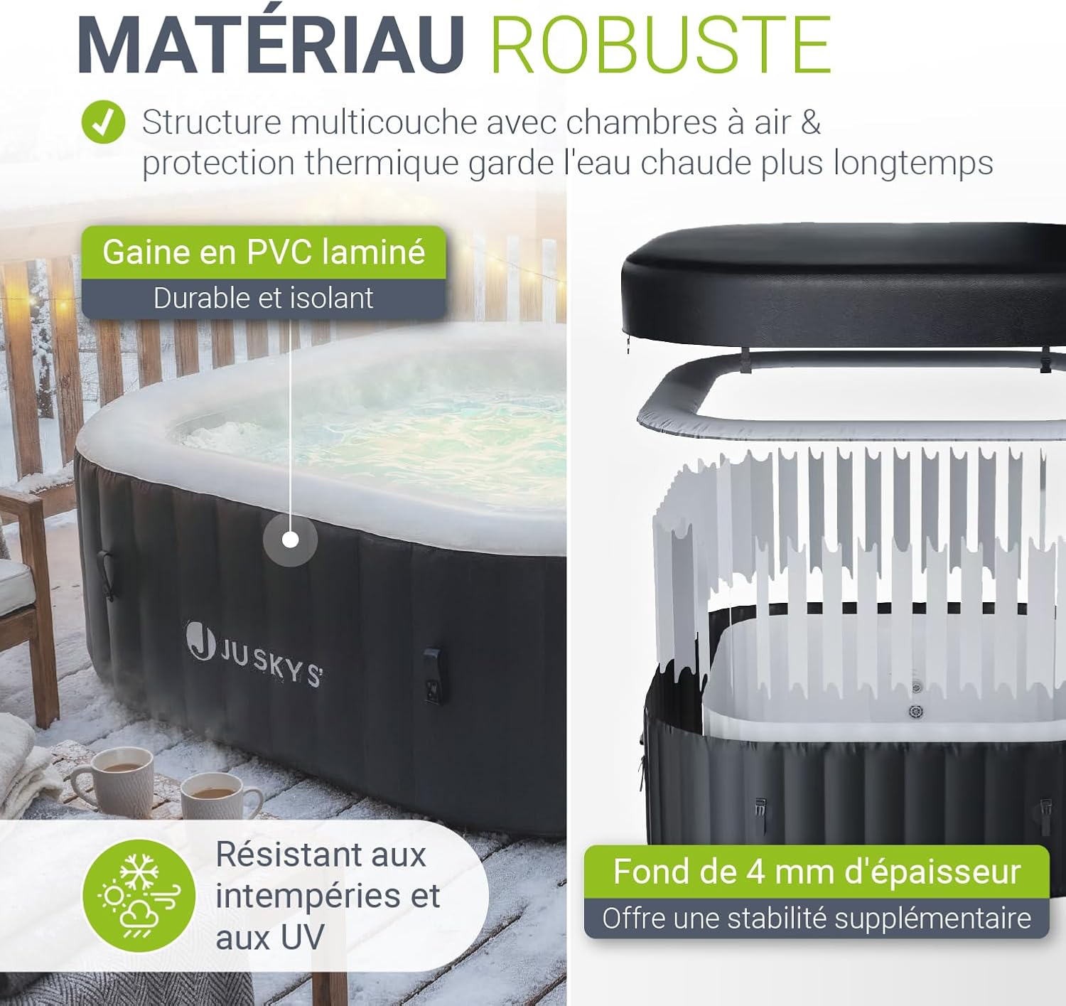 JUSKYS® Bain bouillonnant SpaLuxe – Structure extérieure, 130 Buses, Puissance Totale 3000 W, éclairage LED Noir/Blanc