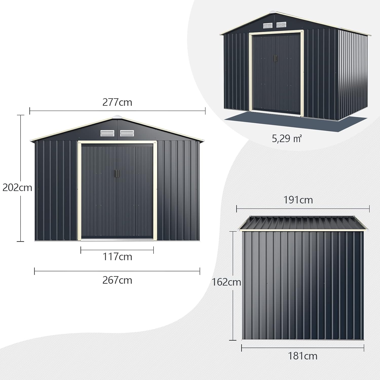COSTWAY Abri de Jardin en Métal 5.2㎡ avec 2 Portes Coulissantes Verrouillables, Cabane Jardin Rangement 4 Trous d’Aération Toit Penché, pour Vélo, Poubelle, Gris (277,5 x 191 x 202,5cm)