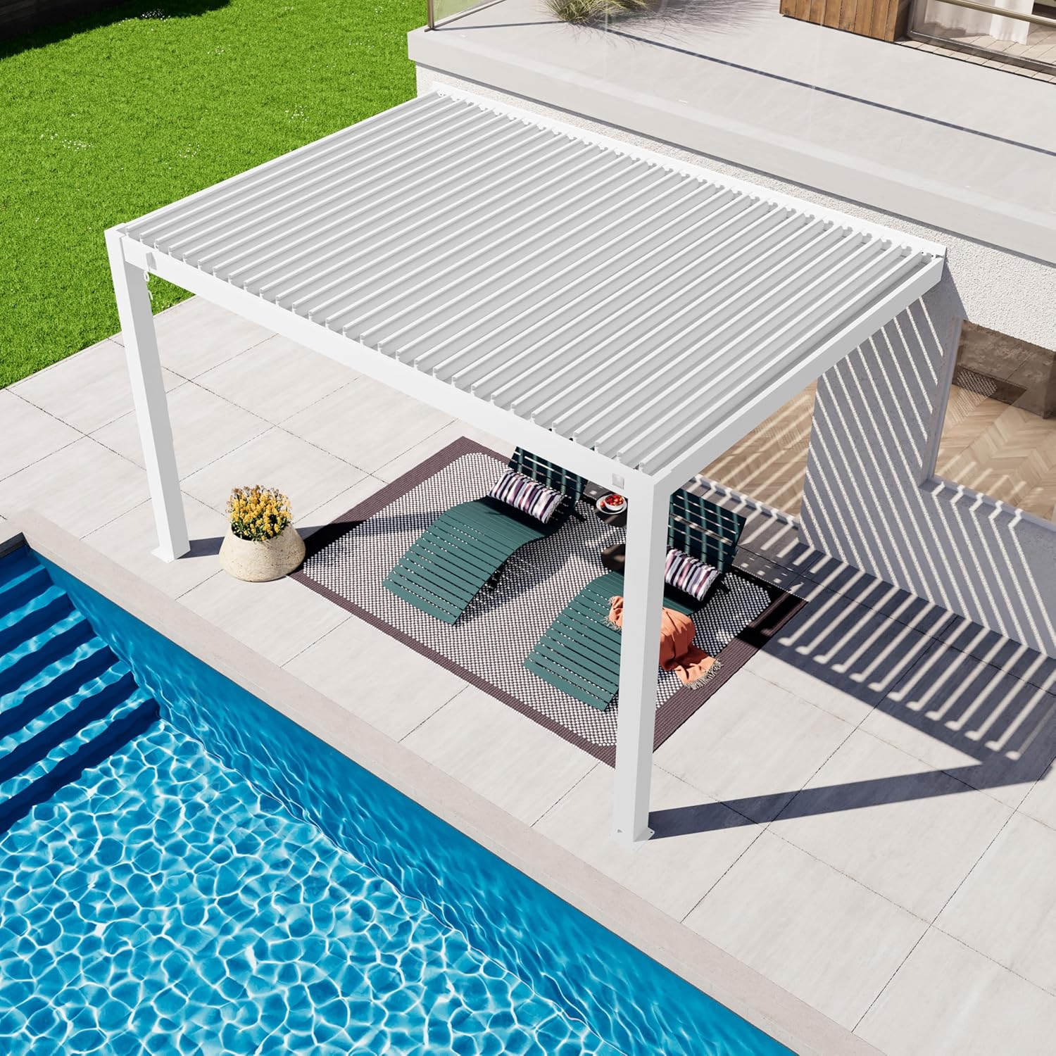 PRIMEYARD - Pergola adossée série Aluminium - 3x4 m - lames orientables, poteaux aluminium blancs