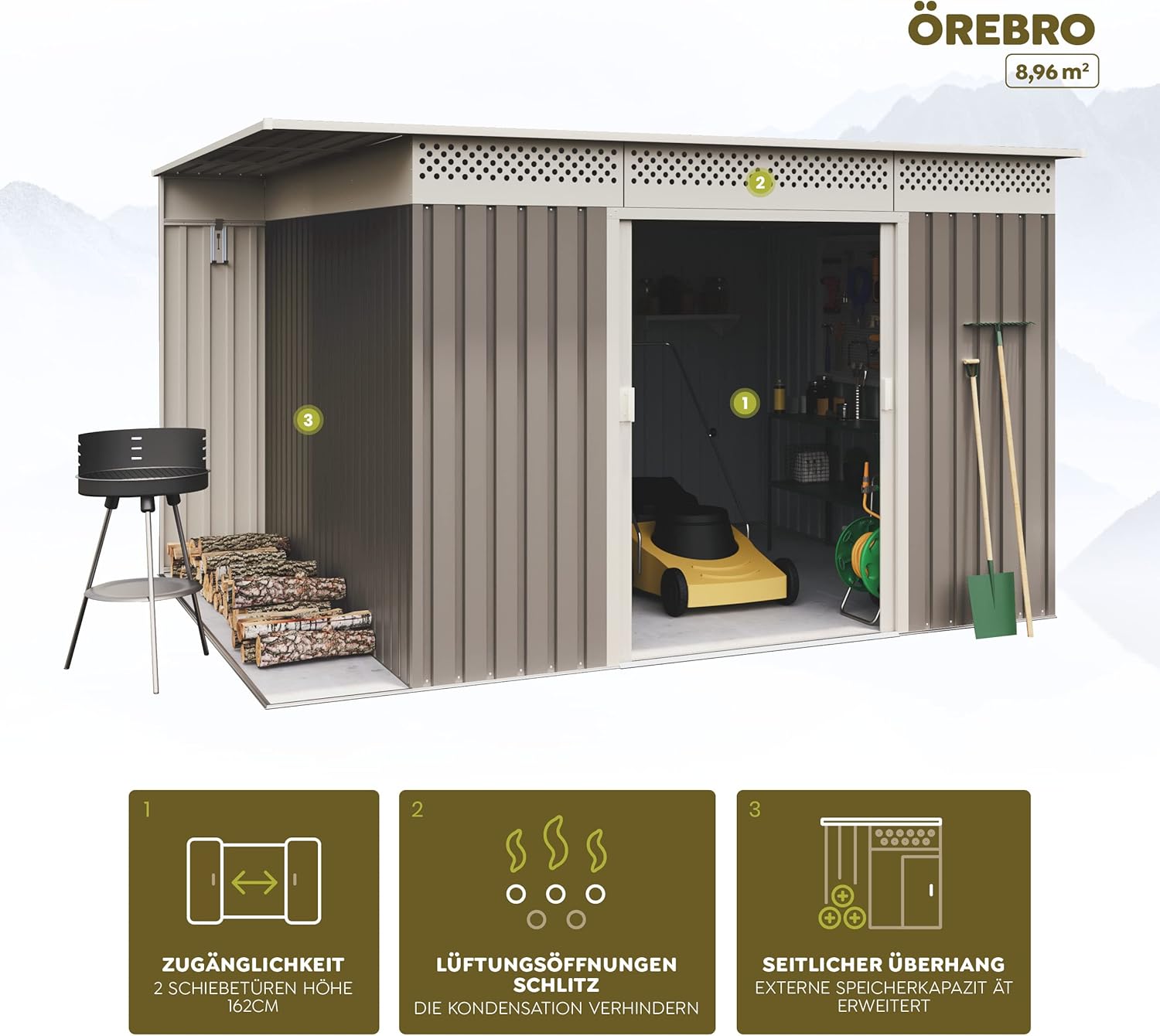 Hoggar Abri de Jardin Premium Orebro 8.96 m2 - Garantie 10 Ans - 269x333x189cm