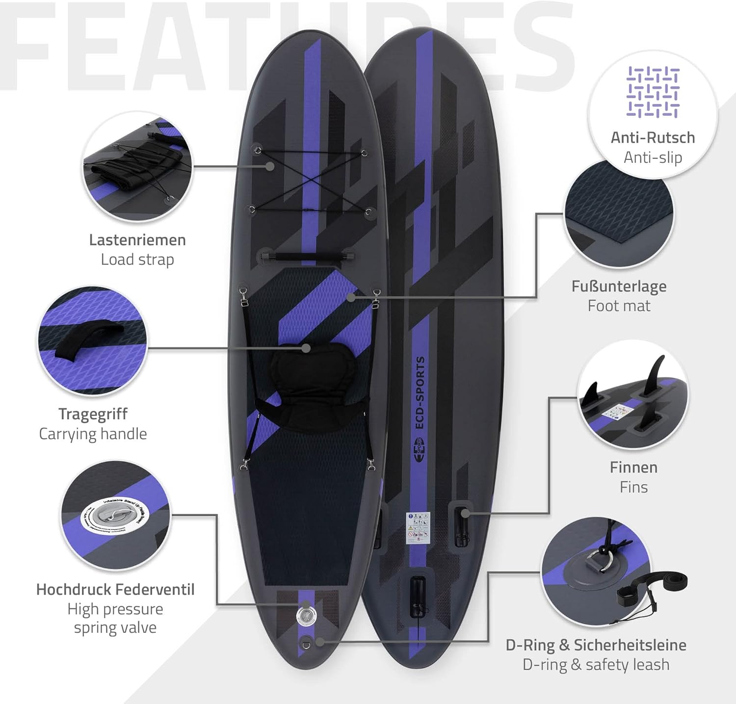 ECD Germany - Stand Up Paddle Gonflable - 305/308/320/380 cm - PVC, 120/150 kg, 10/15 cm