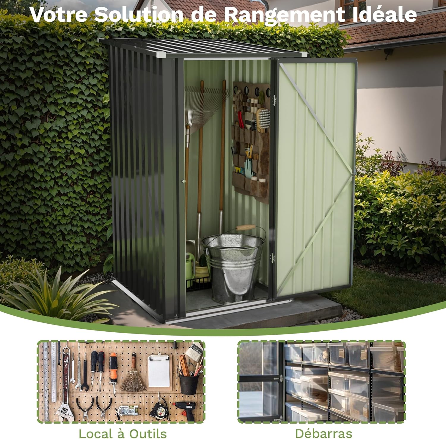 Devoko Abri de jardin en métal 96x98x160 cm, abris de jardin avec toit en appentis, robuste et inoxydable, incluant des gants de travail, porte pivotante verrouillable, petit abri de jardin en acier