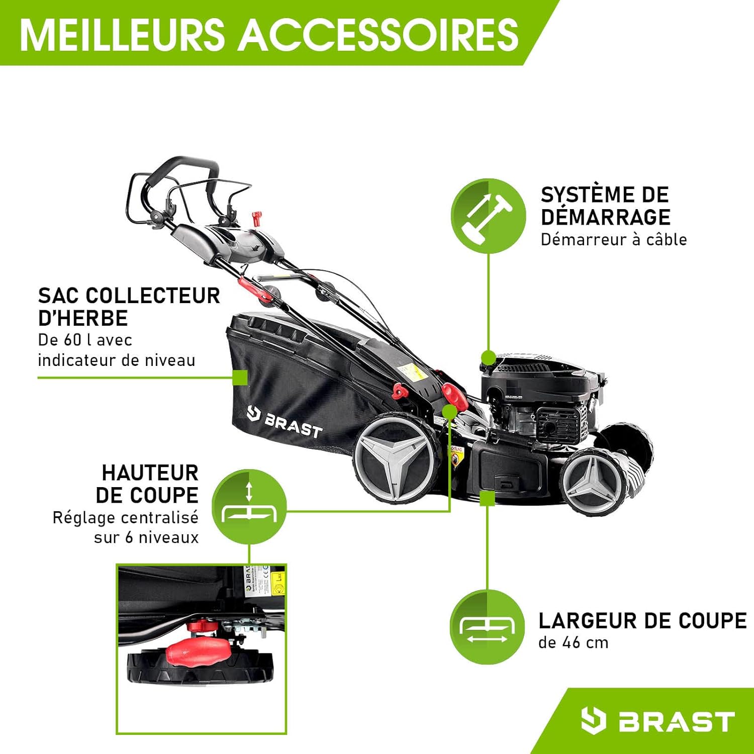 BRAST Tondeuse Thermique, tractée, 46cm, 3,5kW (4,7 CV), 170cc bac 60l, Moteur 4 Temps, Mulching -5 MODÈLES- châssis en tôle d'acier, 4 en 1 Tondeuse Thermique Hauteur de Coupe et Guidon réglable