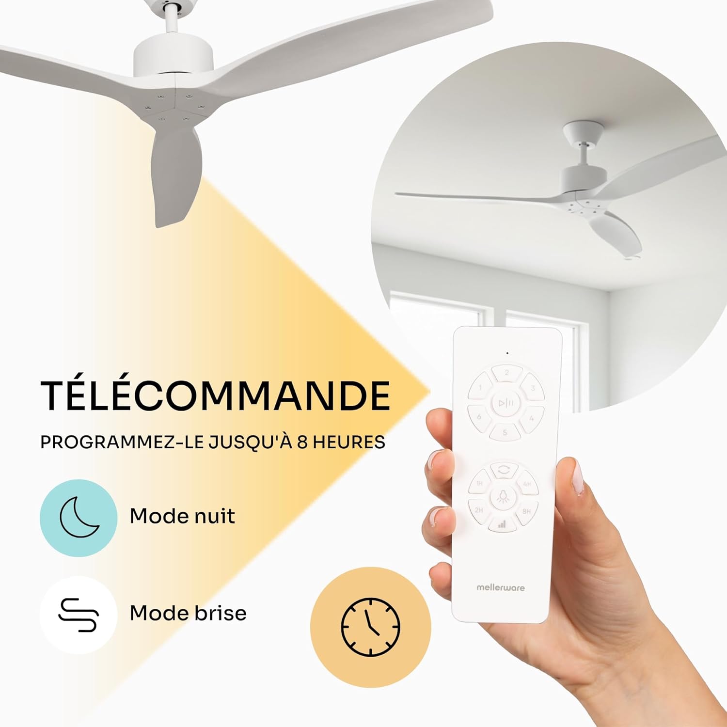 Mellerware - Ventilateur de plafond avec télécommande Brizy! 45W | Puissant | Ultra silencieux | 3 lames | Diamètre 132cm | 6 vitesses | Refroidissement + LED intégrée | Blanc