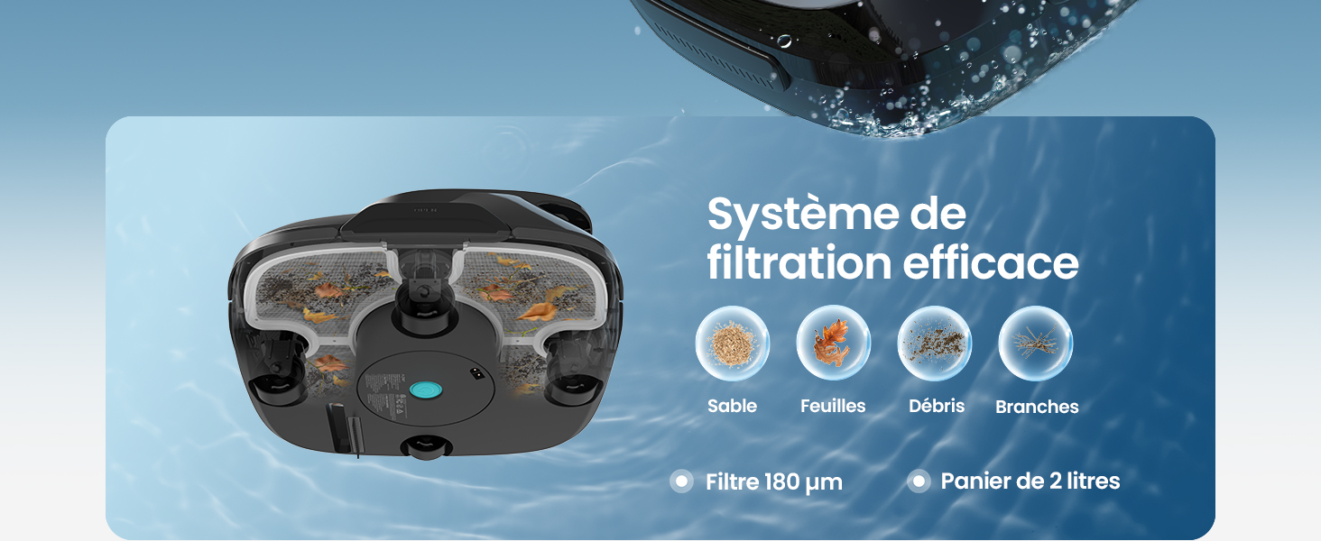 Le texte indique « Système de filtration efficace ». Dispositif de filtration sous-marine illustré par quatre icônes circulaires indiquant les différentes étapes de filtrage. Appareil sombre sur fond d'eau bleue.