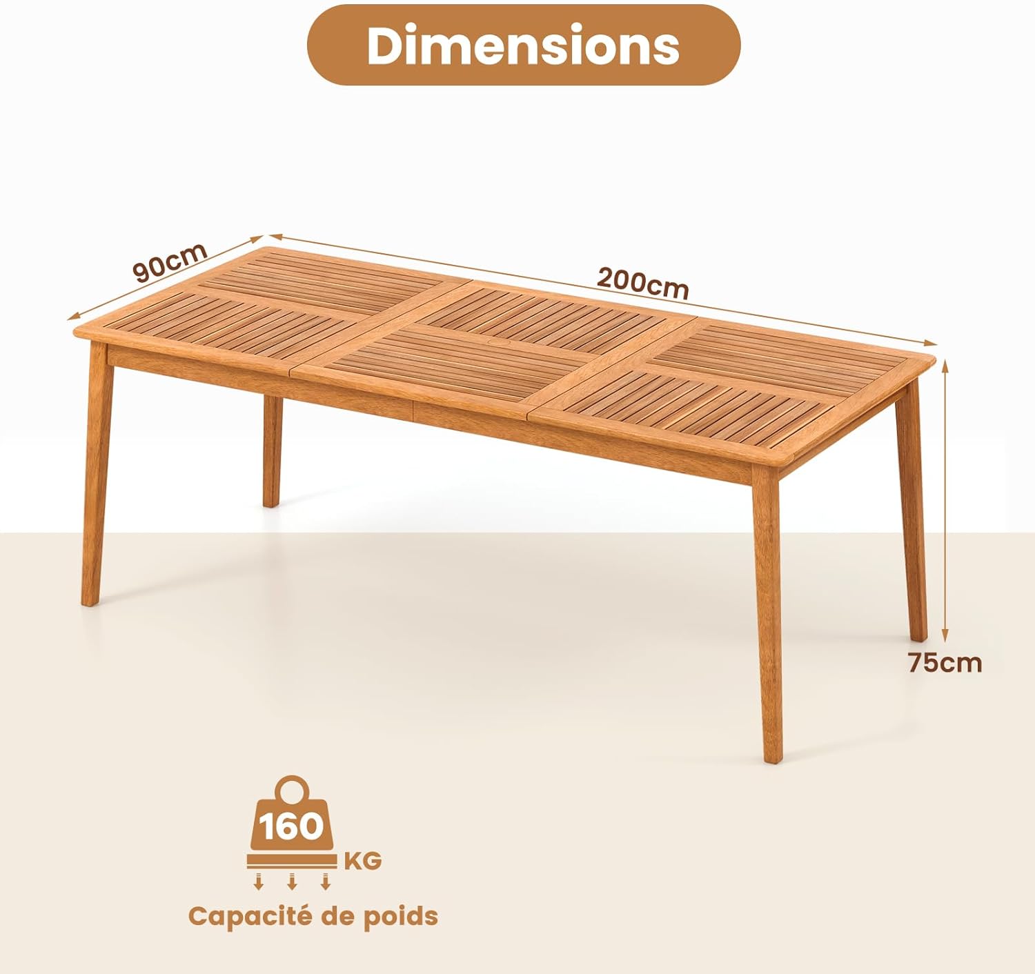 GOPLUS - table repas extérieur Acacia FSC 90x200cm, 8 places, trou parasol, charge 160kg