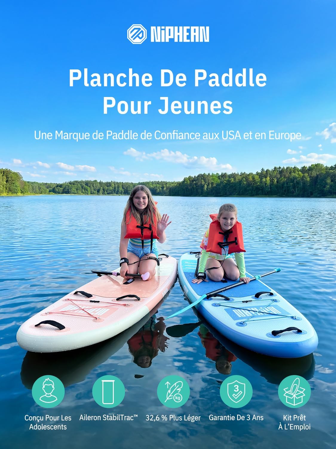 Niphean - Paddle Gonflable Adulte Ultraléger 320x84cm, siège inclus, +30% stabilité, surface antidérapante