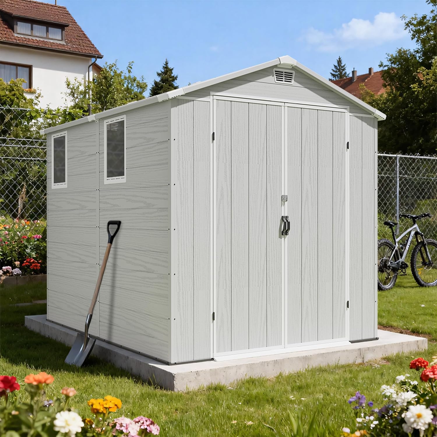 Triumphkey Abri de rangement extérieur de 1,8 x 2,4 m, abri de jardin en plastique avec porte verrouillable, résistant aux intempéries pour vélo, outils et poubelle de rangement pour pelouse, terrasse